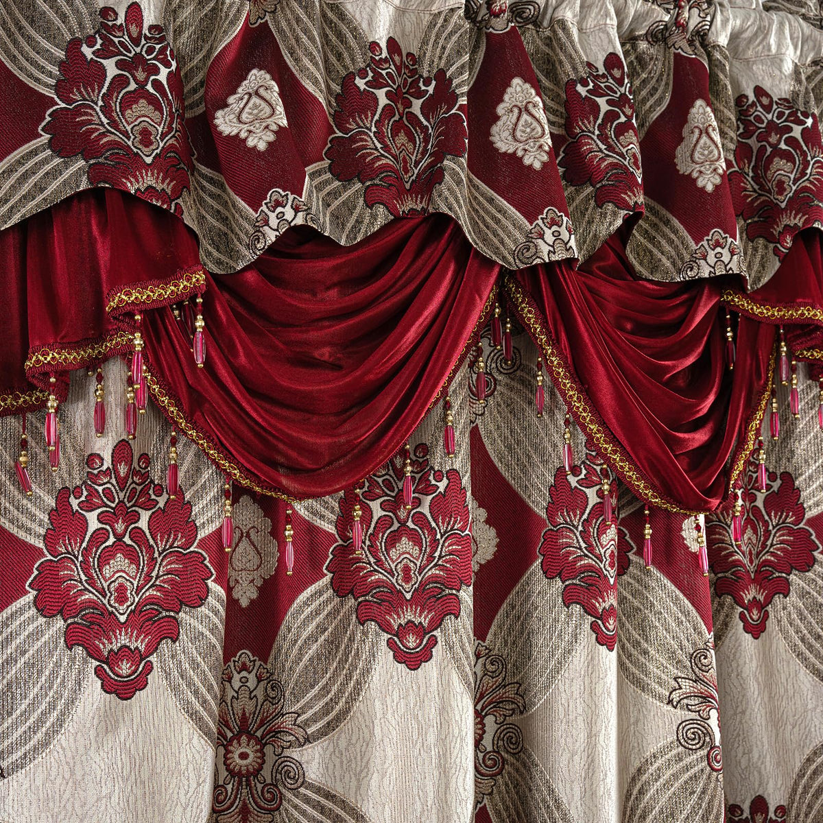 Petrichor Elegant Curtains with Gold Silver Threads 2 Panels Set - Luxury Window Treatment Attached Valance, Sheer Backing, and 2 Tie Backs for Bedroom and Living Room, 54x84 inches, Burgundy