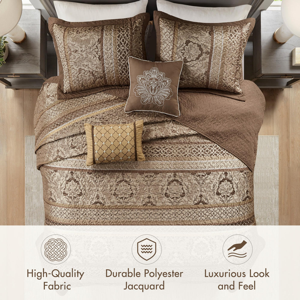 Madison Park Bellagio Reversible Quilted Bedspread Set, Solid Reverse Summer Breathable, Lightweight All Season Bedding Layer, Matching Shams, Bedspread King(120"x118"), Brown 5 Piece