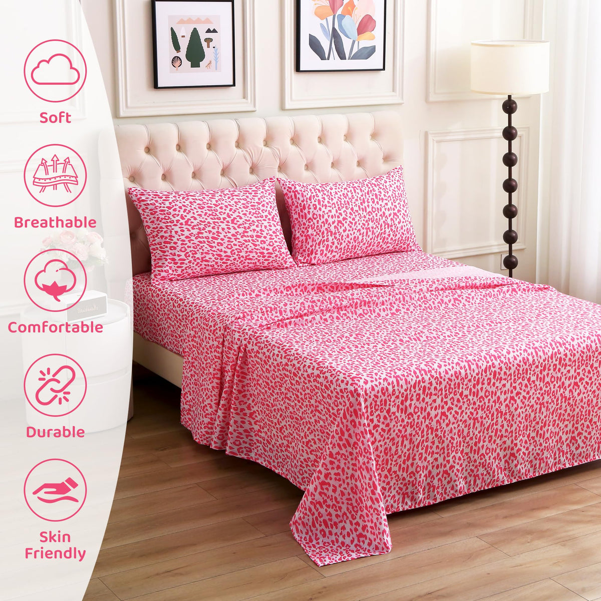 Mooreeke Leopard Cheetah Printed Queen Bed Sheets, Soft Microfiber Bedding Sheets & Pillowcases, Deep Pocket Non-Slip Fitted Queen Sheet, Pink Animal Pattern Bedsheets