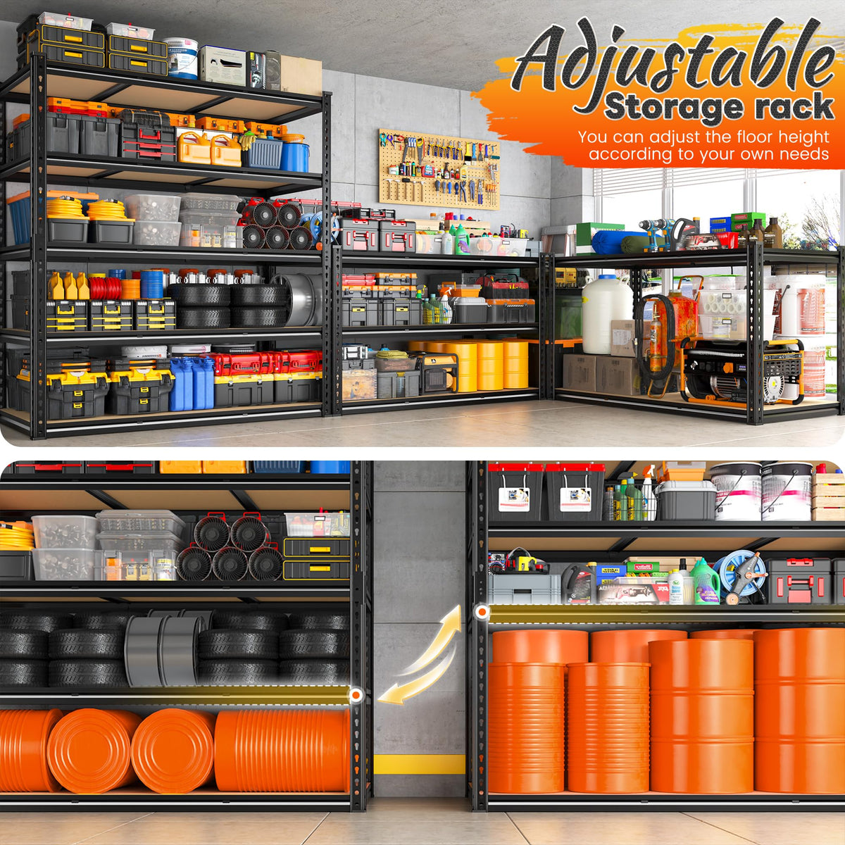 REIBII 48" W Garage Shelving 3080LBS Heavy Duty Storage Shelves 5 Tier Garage Shelves Adjustable Metal Shelving Unit Utility for Basement, Pantry, Warehouse, Commercial, Industrial, 72" H x 24" D