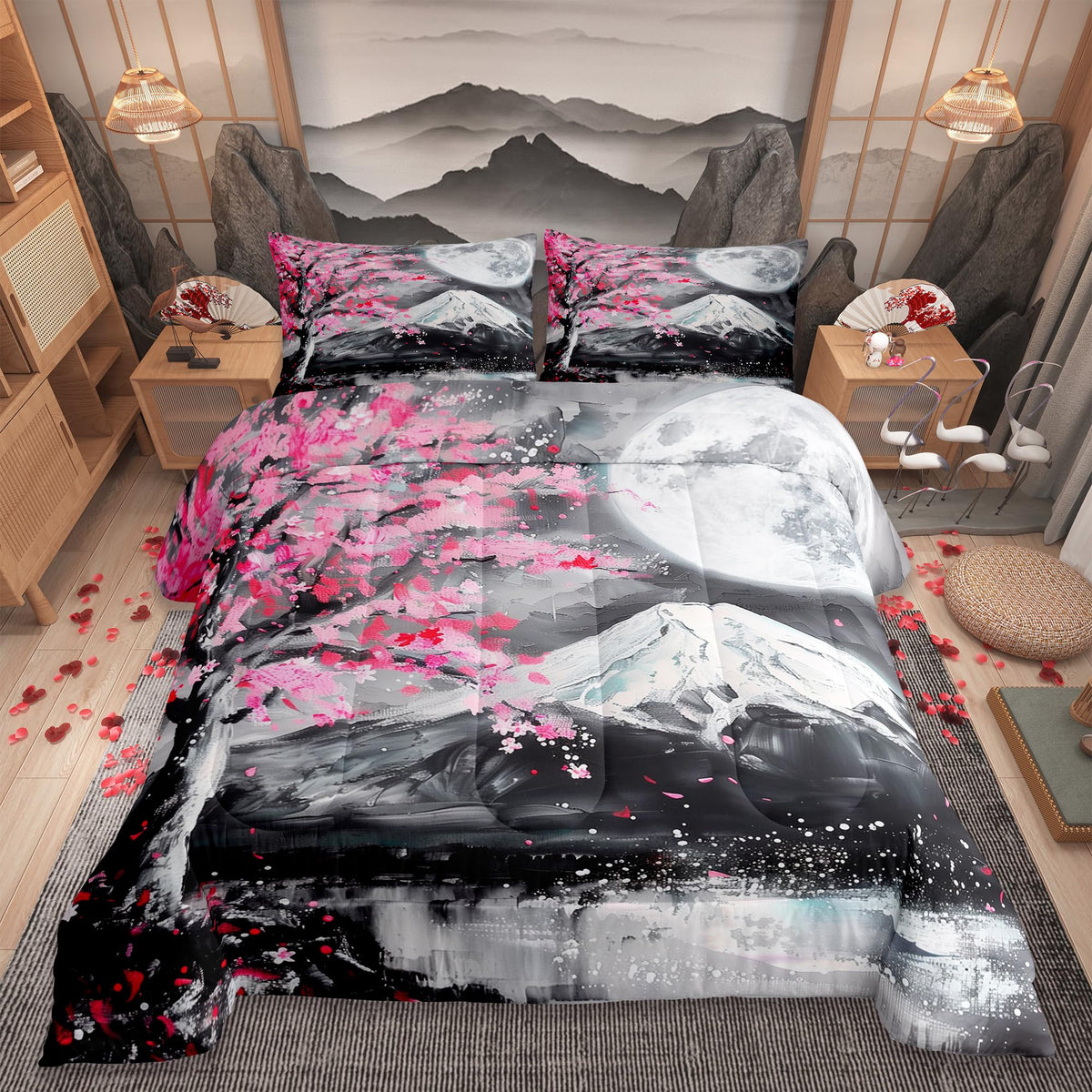 Castle Fairy Japanese Ukiyoe Comforter Set Twin Size,Fuji Mountain Scenery Quilt Set for Kids Girls Boys Home Room Decor Pink Cherry Blossoms Tree Bedding Set Retro Oil Painting Art Duvet Insert 2pcs