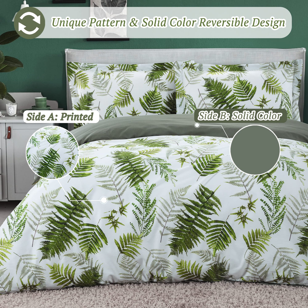 MILDLY Floral Duvet Cover Set - 100% Long-Staple Cotton Green Palm Leaf Pattern Printed Tropical Comforter Cover 3pcs Soft Breathable Luxury Bedding for All Season