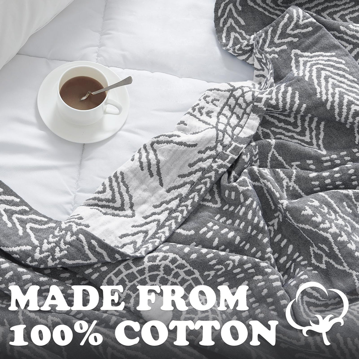 JINCHAN Boho 100% Cotton Muslin Blanket 3-Layer Twin Size Geometric Lightweight Reversible Soft Cozy Throw for Couch Sofa Bed All Season Coverlet Ideal Gift Bedroom Living Room Decor Grey 60x80 Inches