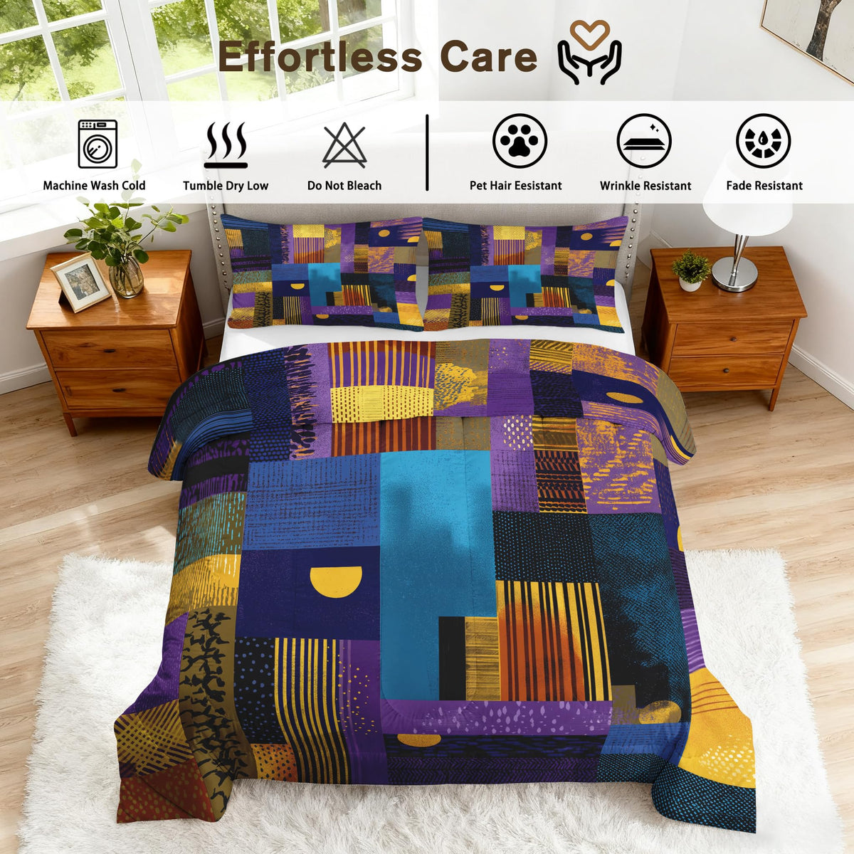 ZDABAOEC Patchwork Boho Queen Comforter Set 3 Piece, 2 Pillow Shams, Mid Century Modern Geometric Reversible Down Alternative All Season Bedding, Soft Microfiber, Boho Bedroom Decor