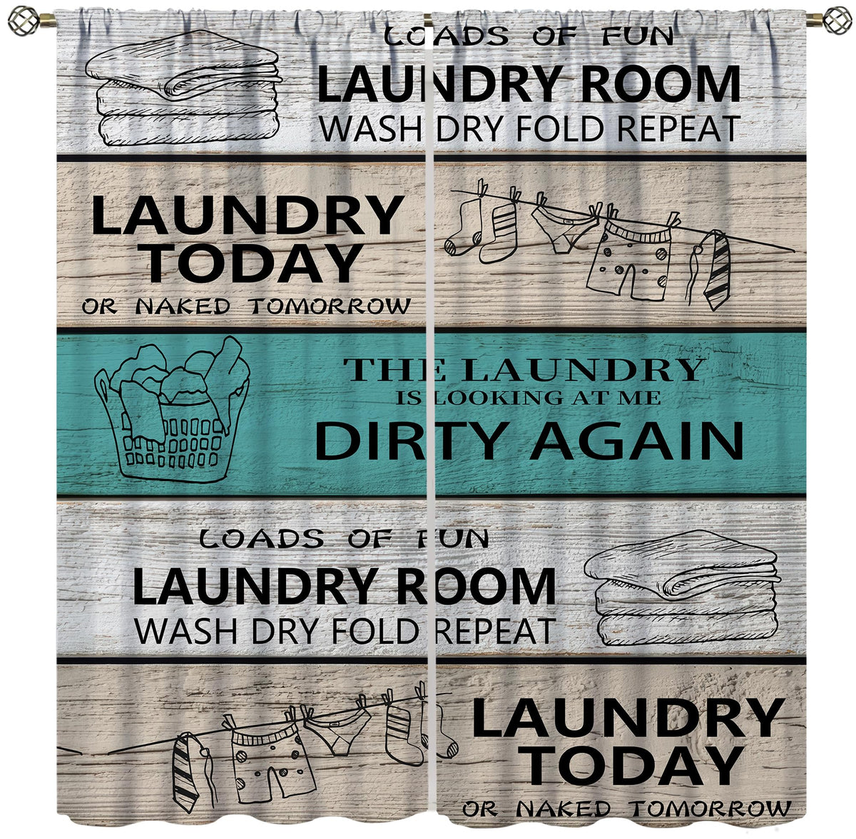 TYVGICZ Laundry Kitchen Curtain Rustic Wash Dry Words Wooden Teal Brown Funny Fun Small Short Window Treatment Tiers for Bedroom Living Room Bathroom Rod Pocket Drapes, 42x45 Inch