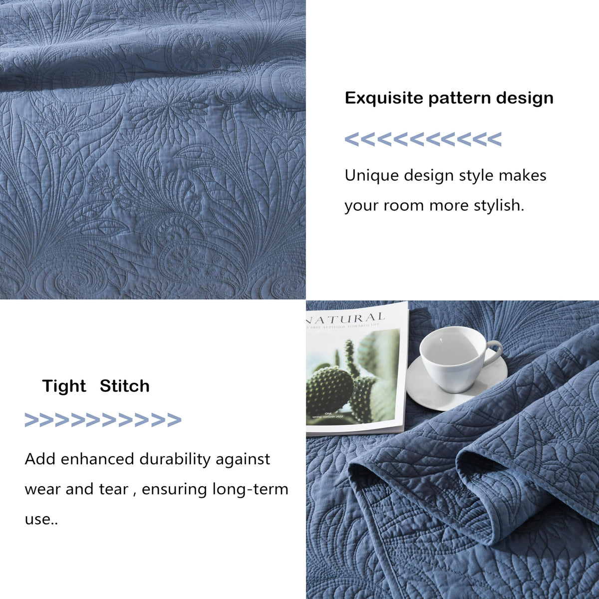 AJOCCI Cotton Queen Size Comforter Set，Solid Quilt Set Retro Blue Bedding，Paisley Bedspreads，Soft Cotton Quilt Solid Color Lightweight Bedspread All Seasons 3 Piece