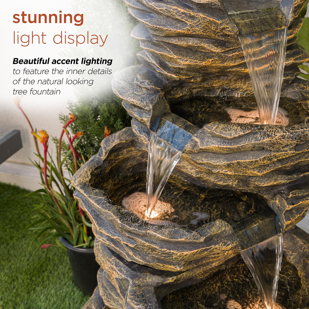 Alpine Corporation 39" Tall Outdoor 5 Tiered Natural Look Rock Water Floor Fountain with Replaceable Lights, Brown