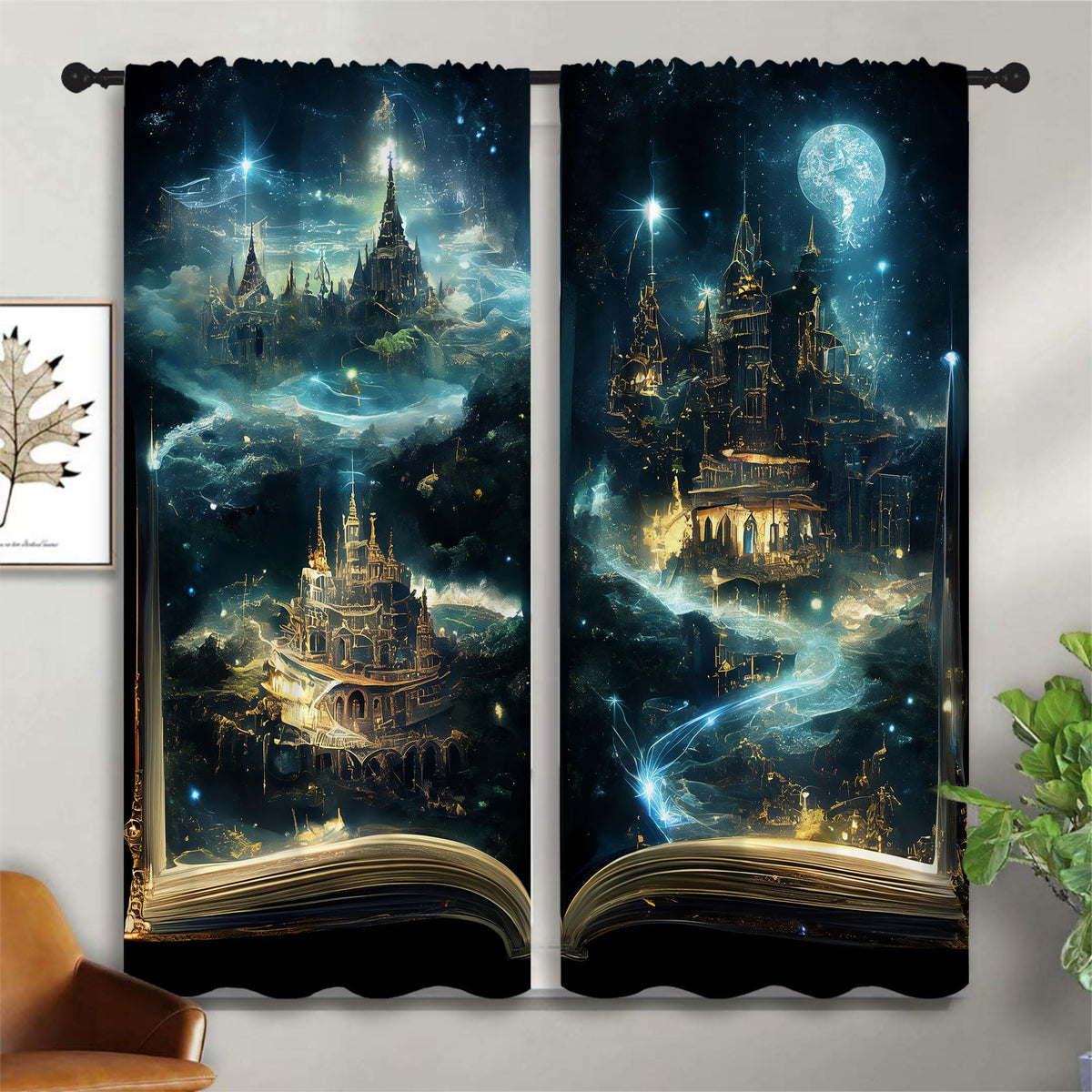 LHROOMJK Magic Book Blackout Curtains for Boys Girl Bedroom Decor,Psychedelic Castle Medieval Building Thermal Insulated Rod Pocket Drapes Darkening Window Curtain for Living Room Home 42x45 inch