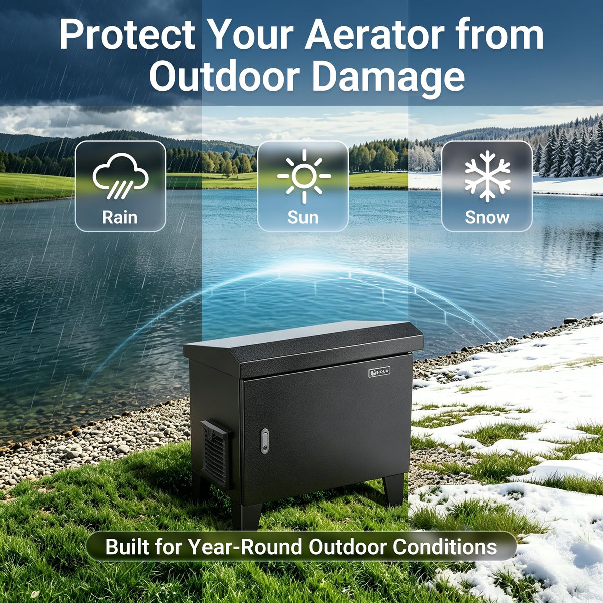 HQUA Pond Aerator Pump Cover Cabinet, Weatherproof Outdoor Protection System with Cooling Fan, Pre-Wired Outlet & 10 ft Power Cord, Galvanized Steel Enclosure 19”W × 14”D × 18.5”H