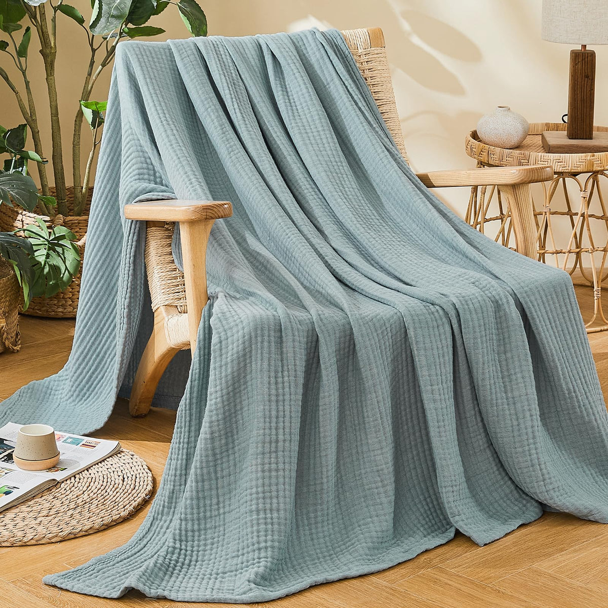 EMME Cotton Muslin Large Throw Blanket Couch Breathable Gauze Soft Lightweight Bed Blankets Adults (Heather Teal, 50"x70")