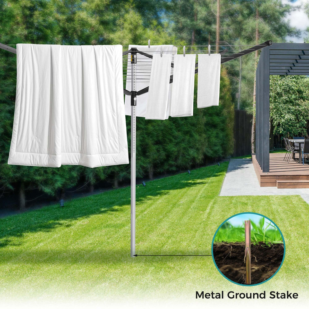 CROS 196ft Outdoor Umbrella Clothesline, Rotary Dryer with 4 Arms, 88LB Heavy Duty, Foldable & Adjustable Height, 360° Rotating Laundry Drying Rack with Ground Spike for Yard Patio Garden
