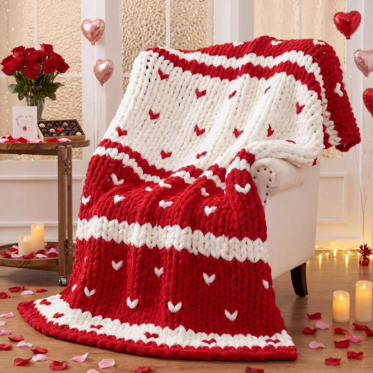 Mindsoft Chunky Knit Throw Blanket Large 50" X 60" Handmade Cream Chenille Loop Yarn Fluffy Soft Knitted Throw Big Cozy Thick Cable Knit Crochet Blanket for Couch Sofa Bed(Red,Heart)