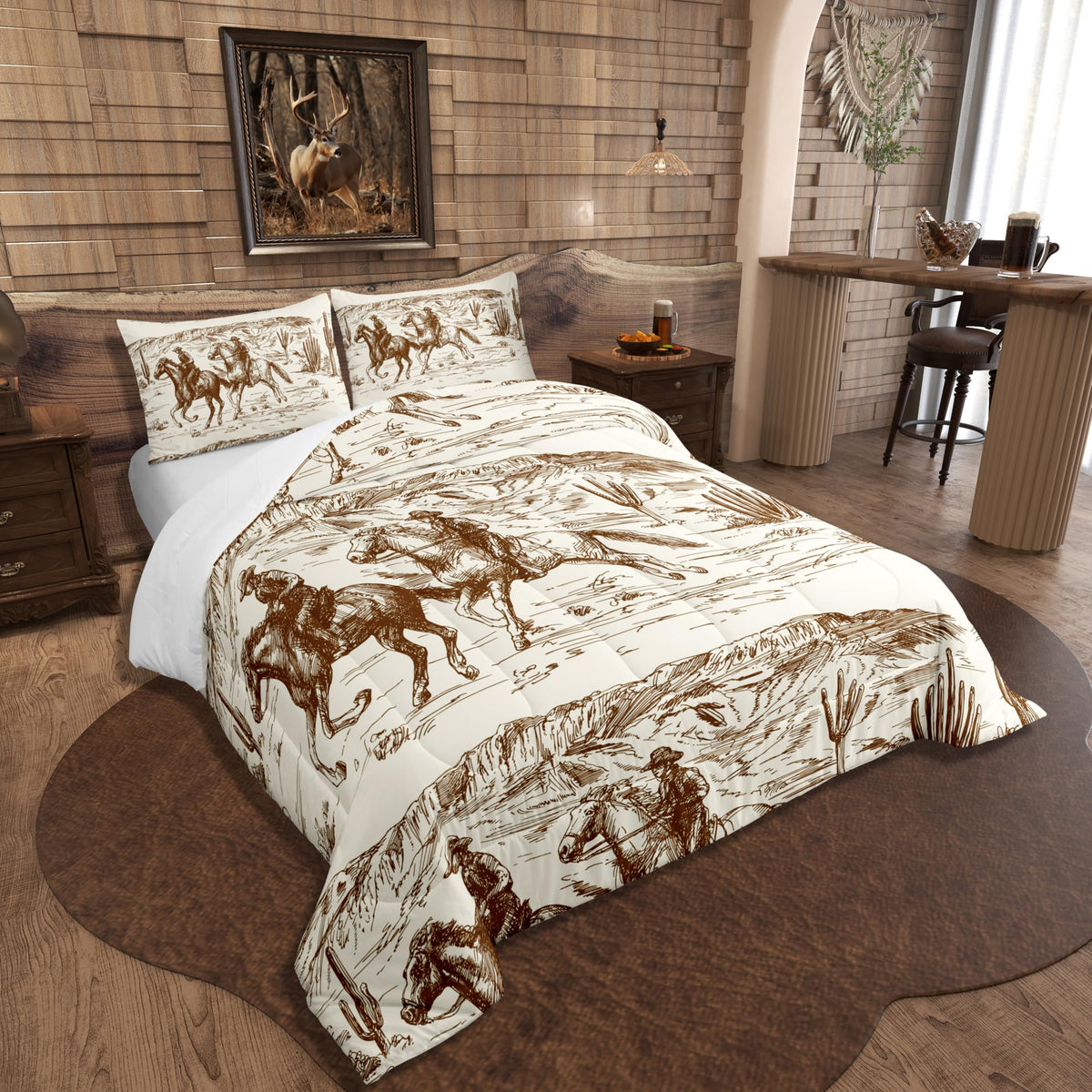 Erosebridal Western Comforter Set Queen Size Cowboy Bedding Set American Wild West Desert Hand Drawn Illustration Down Comforter Country Theme Bedroom Decor Duvet Set for Boys Men Teens