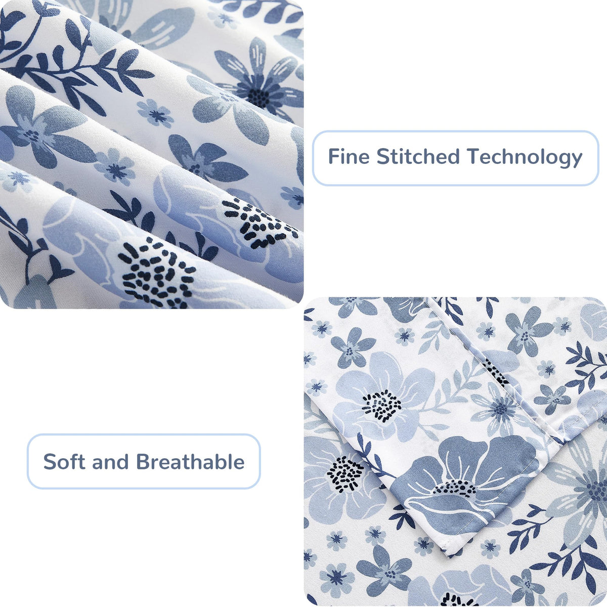 Mooreeke Full Size Sheets Set - 4 Piece Soft Breathable Microfiber Bed Sheet Set - Blue & White Flower Pattern Sheet Set Full - Deep Pocket Non-Slip Floral Fitted Sheet Included for All Season