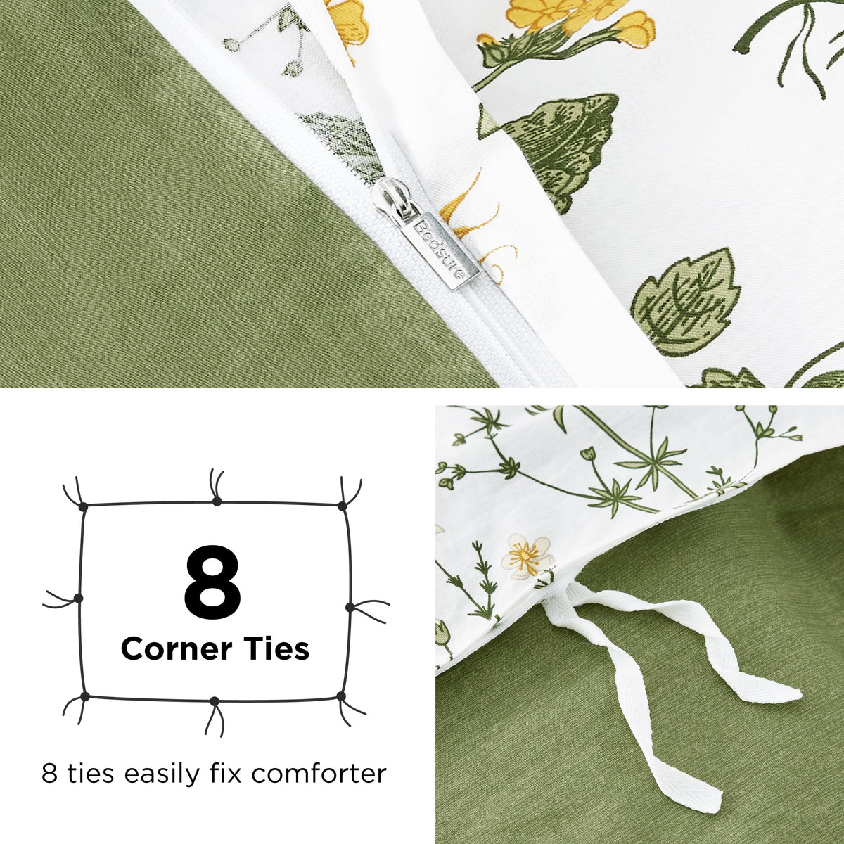 Bedsure Duvet Cover Queen Size - 100% Cotton Reversible Floral Queen Duvet Cover Set with Zipper Closure, 3 Pieces Soft & Breathable PureWoven Green Bedding Set with 2 Pillow Shams 20"x26"