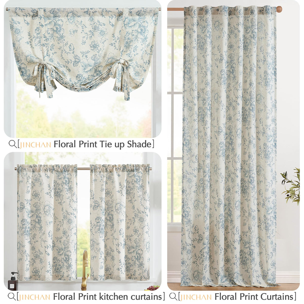 jinchan Floral Linen Tier Curtains Blue Flower on Beige Cafe Curtains 36 Inch Length Kitchen Living Room Bedroom Bathroom Farmhouse Rustic Country Rod Pocket 2 Panels