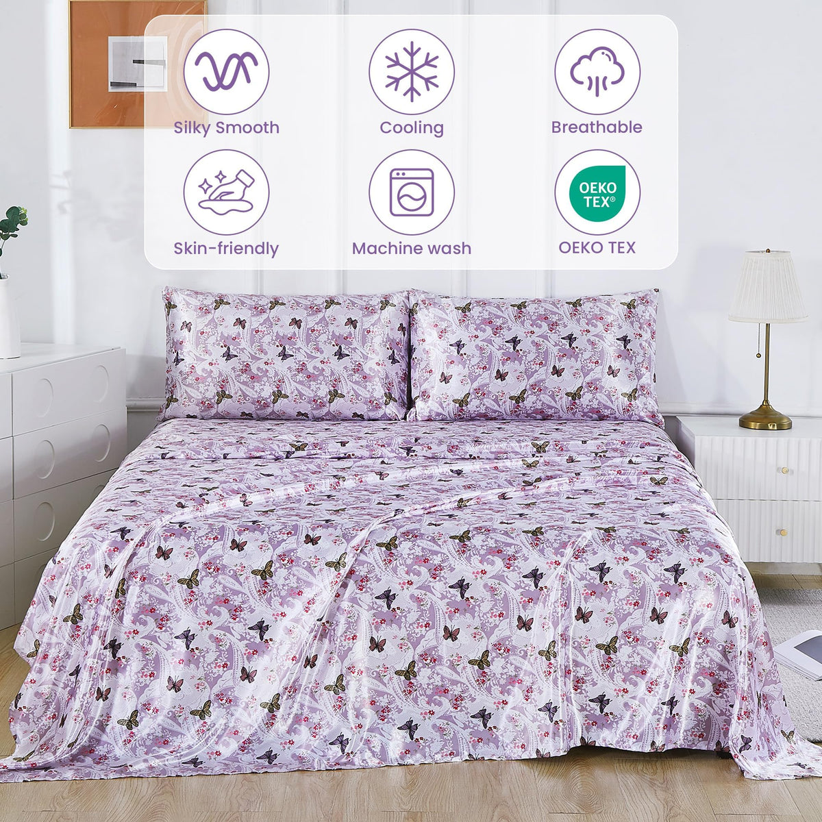 lasoftan Paisley Floral Satin Sheets King, Silky Butterfly Printed Fitted Bed Sheet with 15" Deep Pocket & Non-Slip Straps, Luxury Hotel Satin Summer Cooling Sheets & Pillowcase Set, Purple