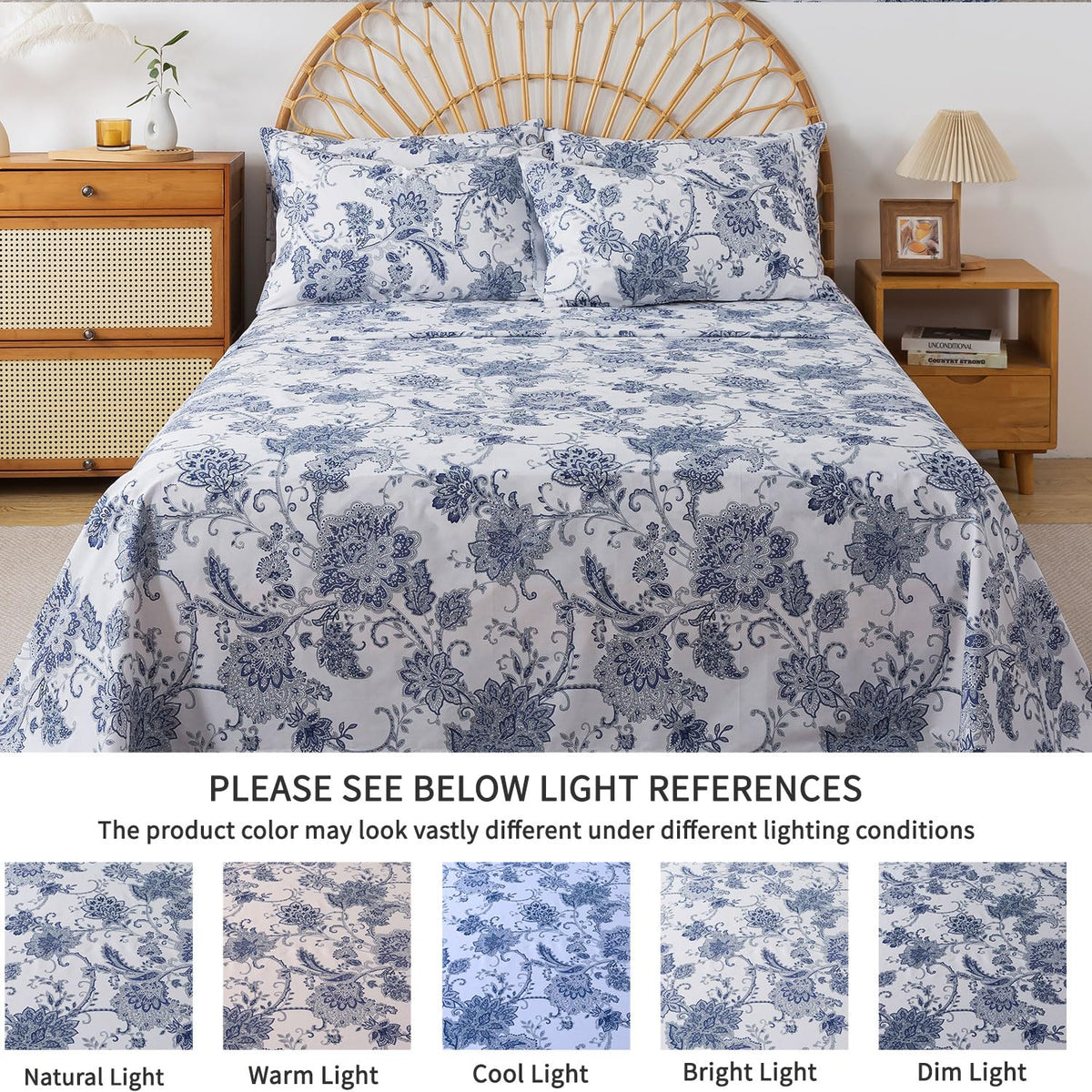 FADFAY Queen Sheets Set Percale Cotton Floral Bed Sheets Deep Pocket Fitted Sheet, Luxury Blue Floral Pattern Classic European Style Bedding for All Season, Super Soft Crisp & Breathe,4Pcs