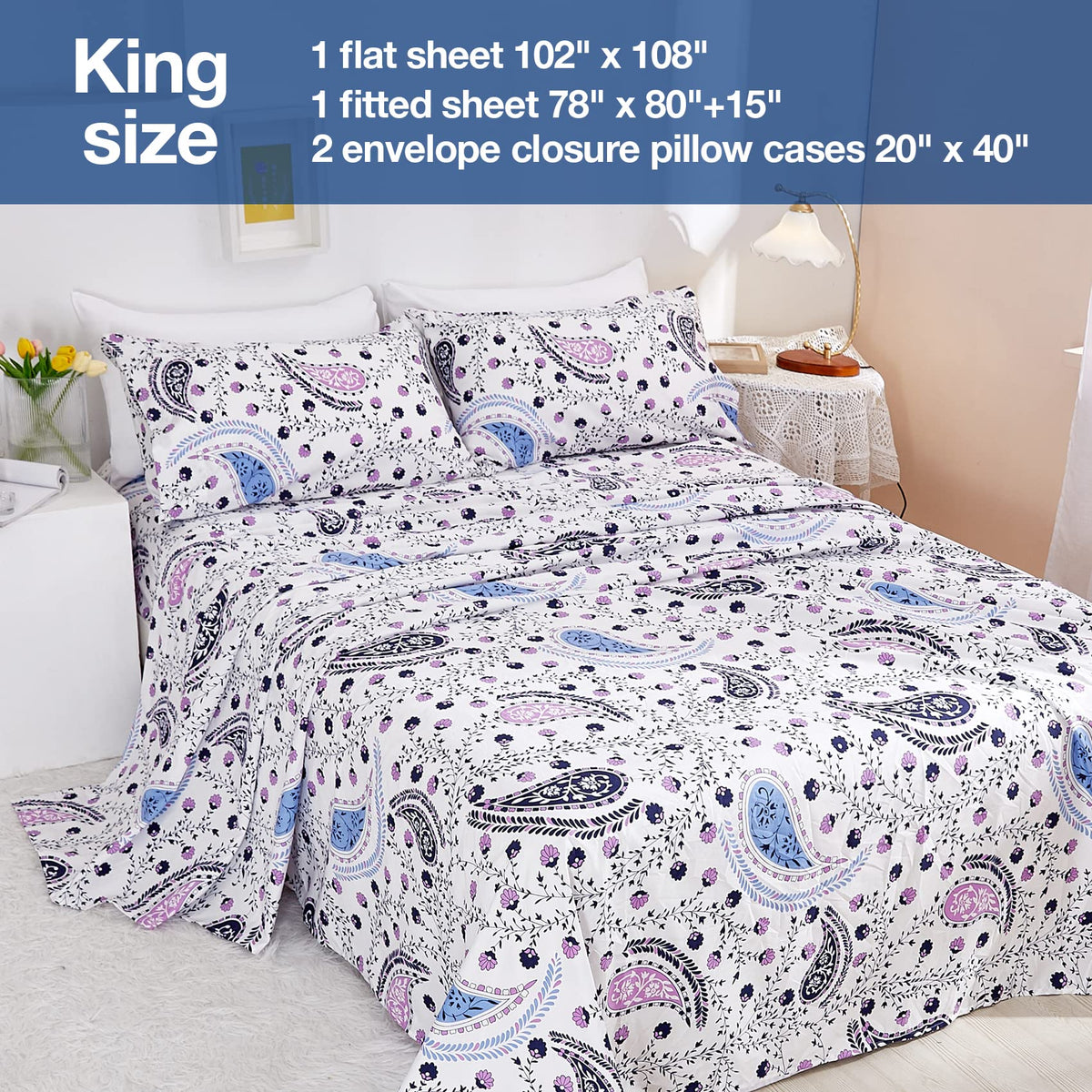 JSD Paisley Floral Printed Sheet Set King Size, 4 Piece Soft Pattern Microfiber Sheets Extra Deep Pocket