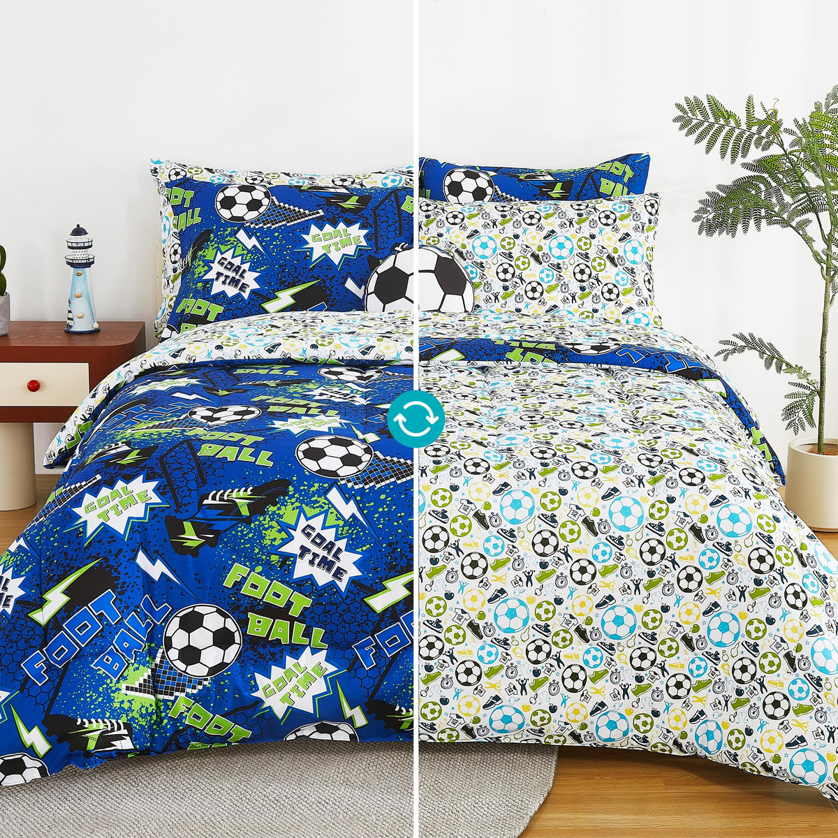 Mooreeke Kids Twin Comforter Sets for Boys 6 Pieces Cool Football Bedding Set for Teens Microfiber Blue Green Soccer Kids Bed in A Bag with Comforter, Sheet Set, Shams and Decorative Toy Pillow