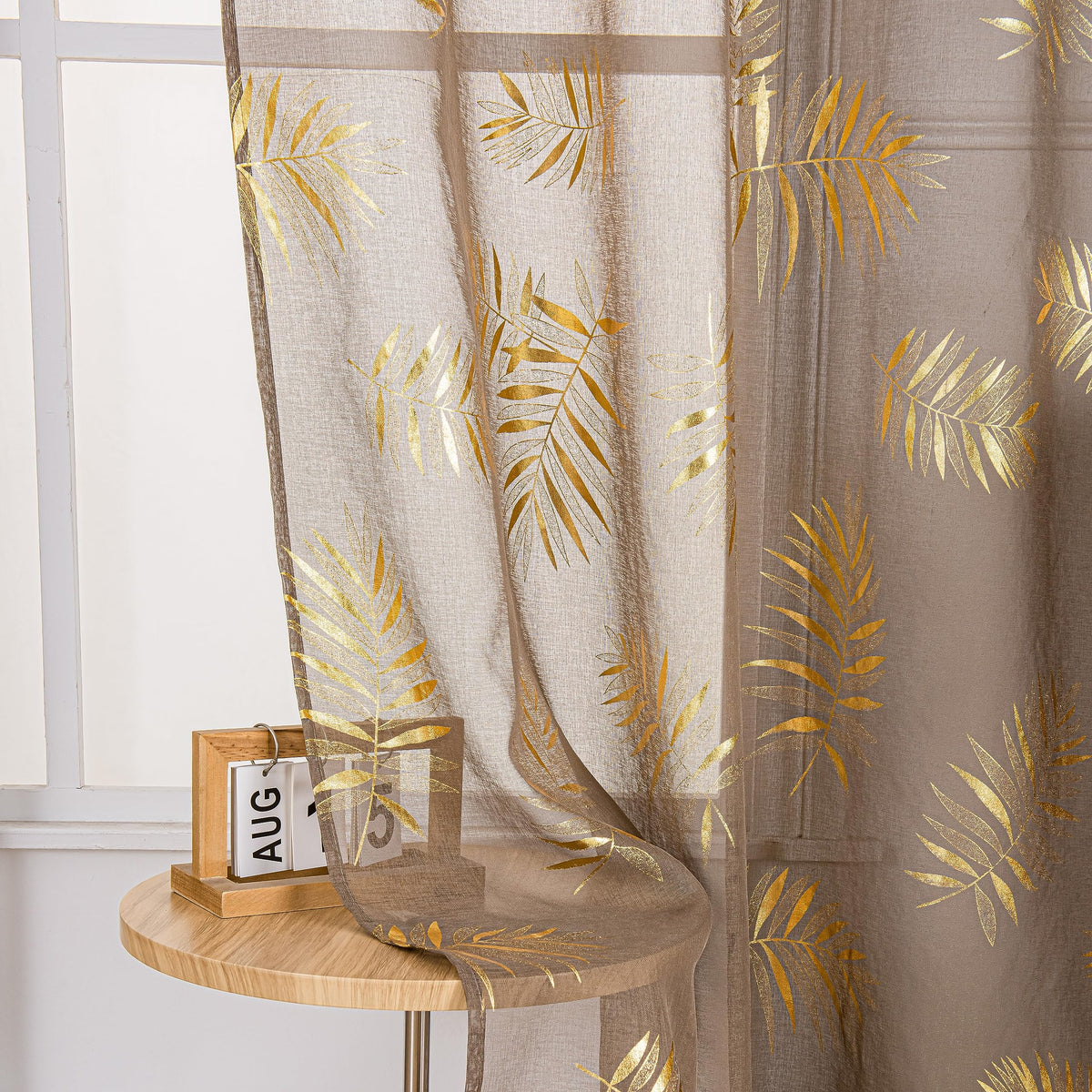 Sutuo Home Taupe Sheer Curtains 84 Inches Long 2 Panels Set, Gold Foil Print Metallic Bronzing Tropical Leaves, Privacy Voile Window Treatment Decor Drape Pair for Bedroom Living Room 52" W x 84" L