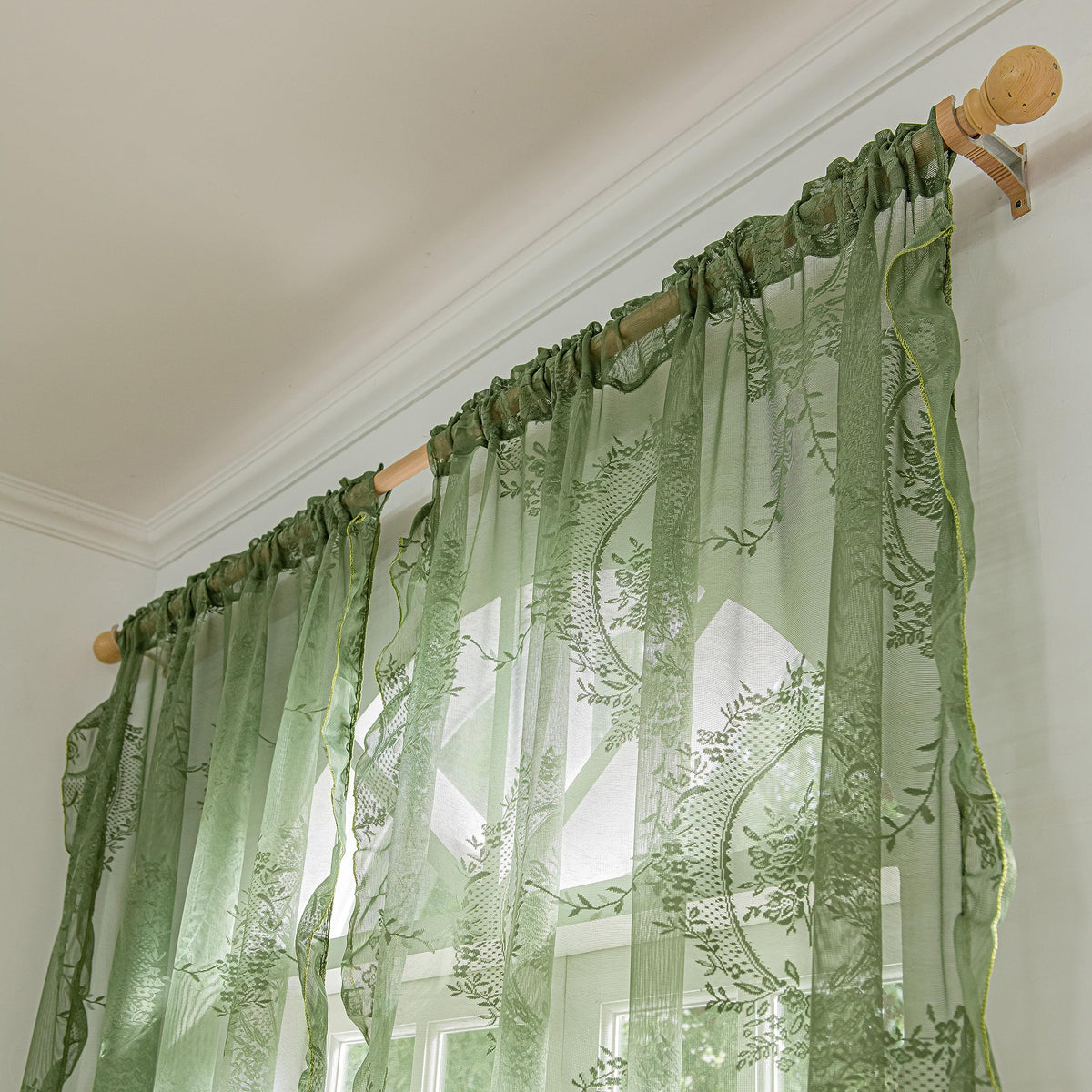 Lavyhuno Lace Curtains 84 Inches Long for Bedroom Living Room 2 Panels, Farmhouse Florals Embroidery Sheer Privacy Drapes for Christmas Decor Window Treatments Rod Pocket, W57 X L84 Olive Green