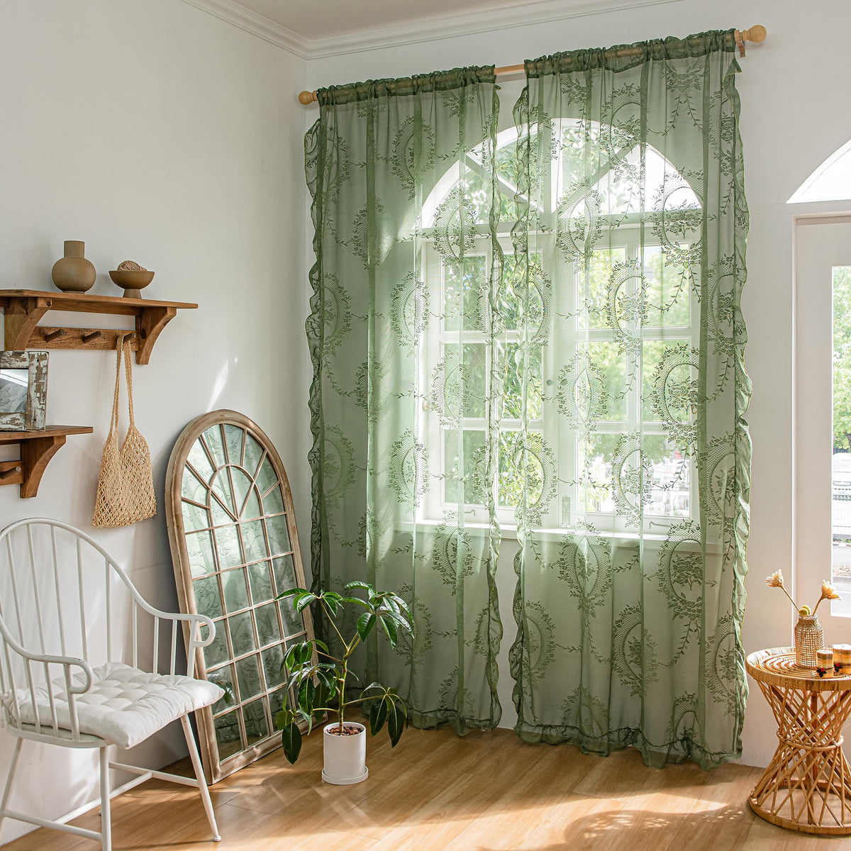 Lavyhuno Lace Curtains 84 Inches Long for Bedroom Living Room 2 Panels, Farmhouse Florals Embroidery Sheer Privacy Drapes for Christmas Decor Window Treatments Rod Pocket, W57 X L84 Olive Green