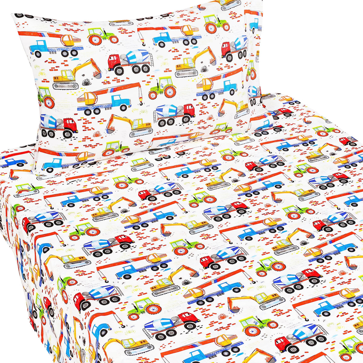 J-pinno Building Machine Excavator Concrete Mixer Tracor Crane Cars Twin Sheet Set for Kids Girls Boys Children,100% Cotton, Flat Sheet + Fitted Sheet + Pillowcase Bedding Decoration Gift Set