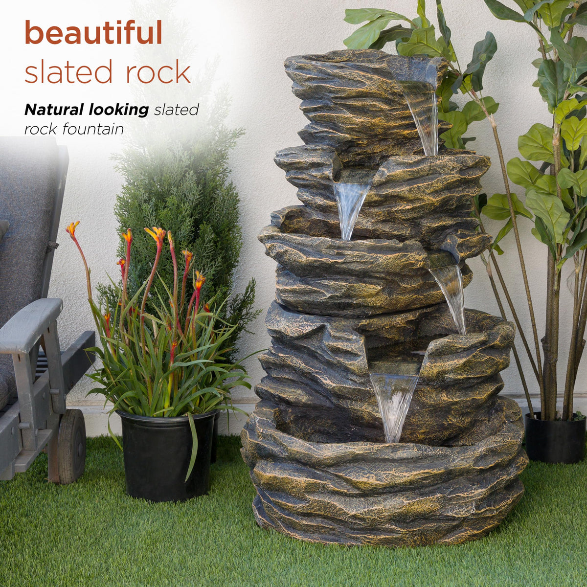 Alpine Corporation 39" Tall Outdoor 5 Tiered Natural Look Rock Water Floor Fountain with Replaceable Lights, Brown