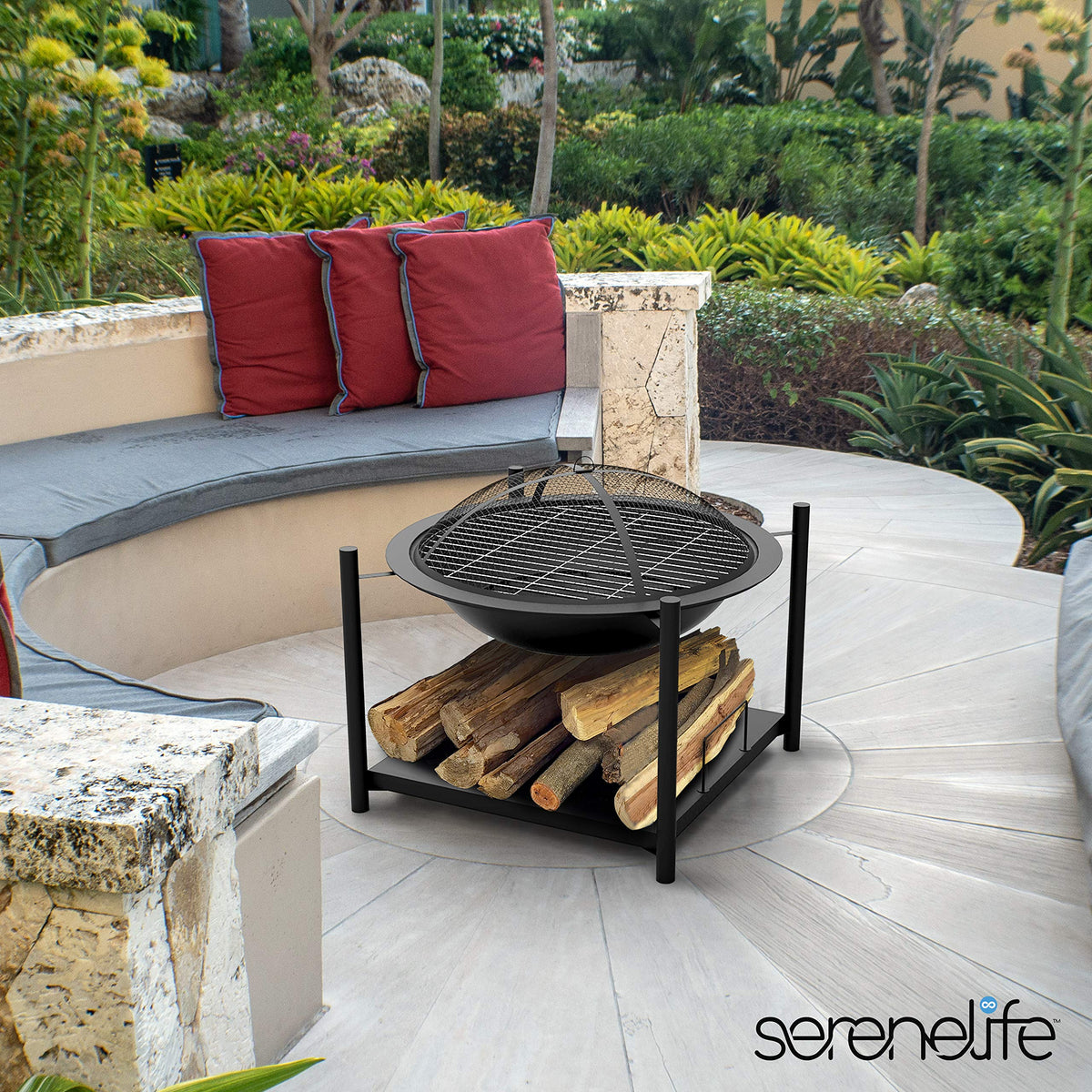 SereneLife Portable Outdoor 2-in-1 Steel BBQ Grill 26" Wood Burning Fire Pit Bowl w/ Mesh Spark Screen, Cover Log Grate, Fire Poker for Camping, Picnic, Bonfire SLCARFP54.5