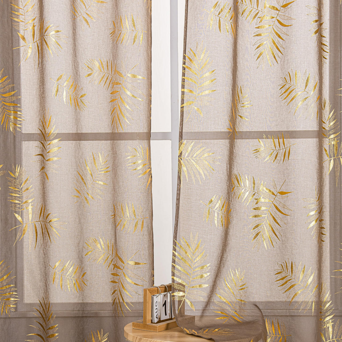 Sutuo Home Taupe Sheer Curtains 84 Inches Long 2 Panels Set, Gold Foil Print Metallic Bronzing Tropical Leaves, Privacy Voile Window Treatment Decor Drape Pair for Bedroom Living Room 52" W x 84" L