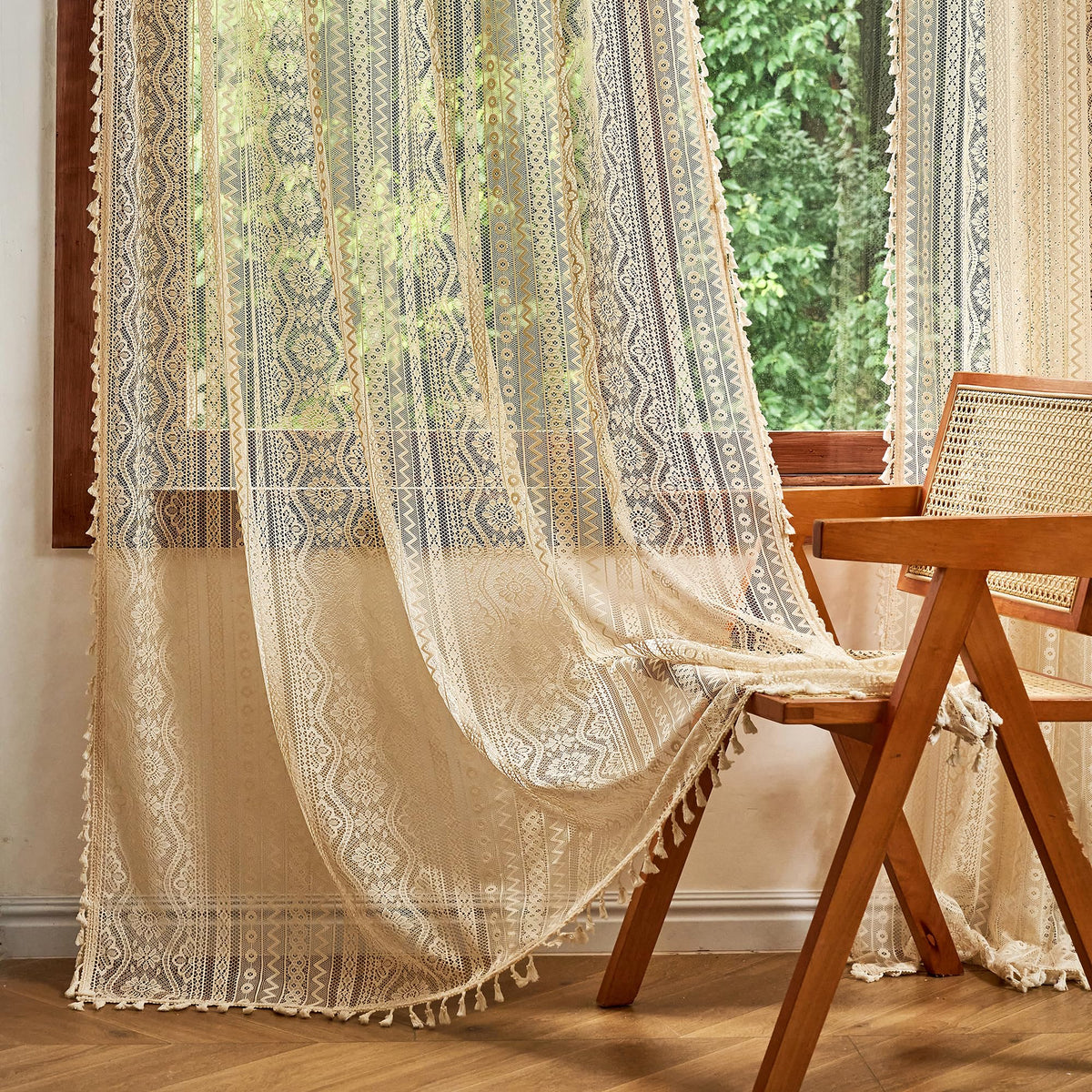 MYSKY HOME Beige Boho Lace Sheer Curtains with Tassels 84 Inch Length 2 Panels Vintage Floral Bohemian Pattern French Rustic Crochet Geometry Striped Rod Pocket Drapes for Living Room Bedroom, 55" W