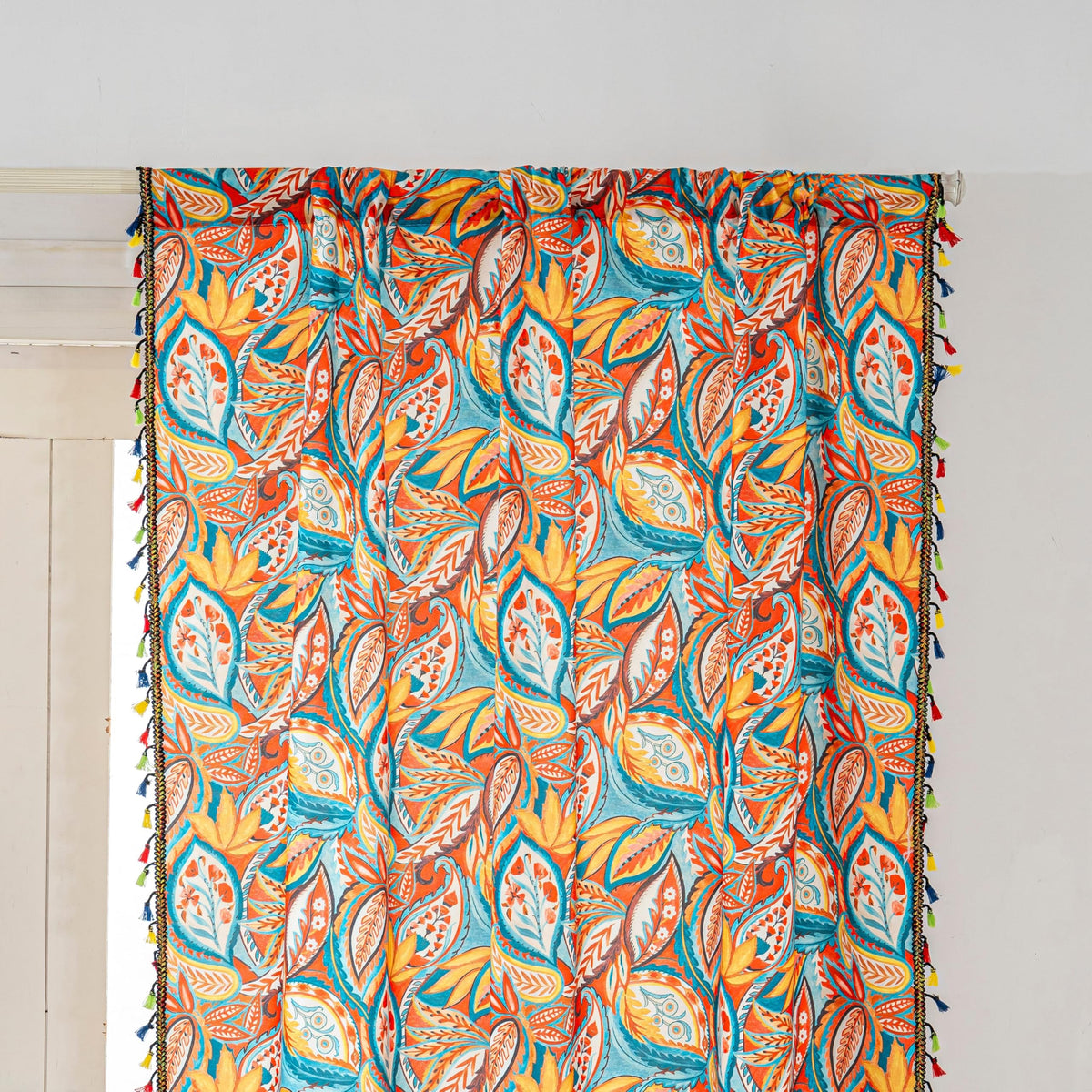 Erbnaryx Boho Paisley Curtains 72 Inches Long, Orange Blue Light Filtering Rod Pocket Drapes with Tassel Trim for Bedroom Living Room, 2 Panels