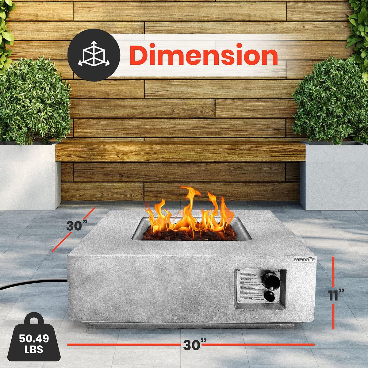 SereneLife Concrete Outdoor Propane Fire Pit Table - CSA/ETL Certified Safe 40,000 Pulse Ignition Weatherproof Square Propane Gas Fire Table - Adjustable Flame, Thermocouple - SLFPLG9