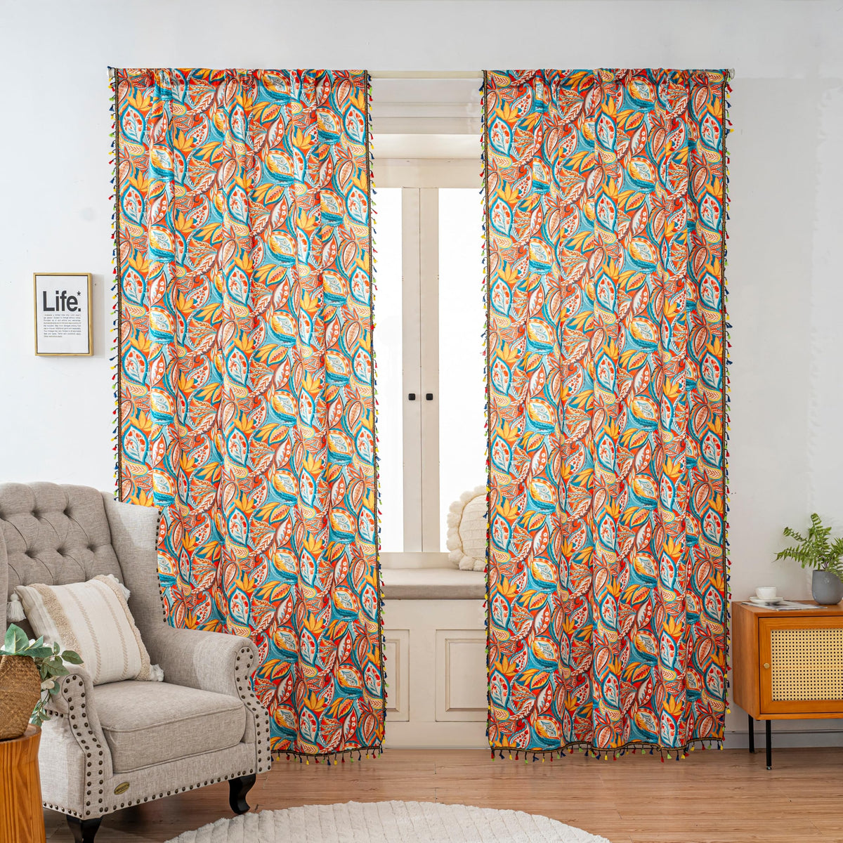 Erbnaryx Boho Paisley Curtains 72 Inches Long, Orange Blue Light Filtering Rod Pocket Drapes with Tassel Trim for Bedroom Living Room, 2 Panels