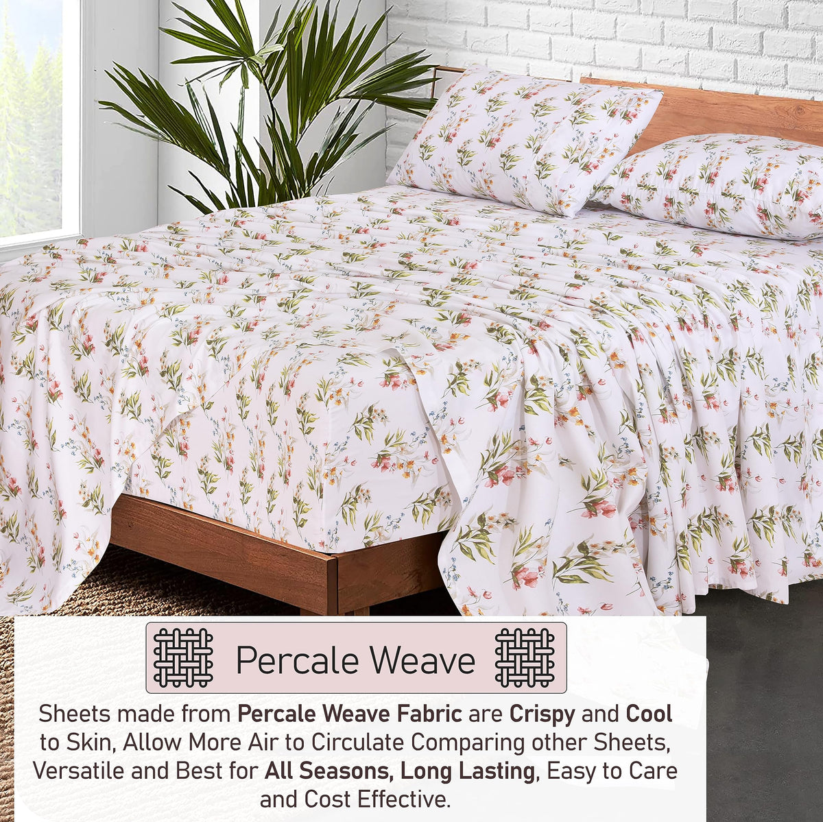 RUVANTI 100% Cotton Percale Sheets Full Size, Floral Bliss