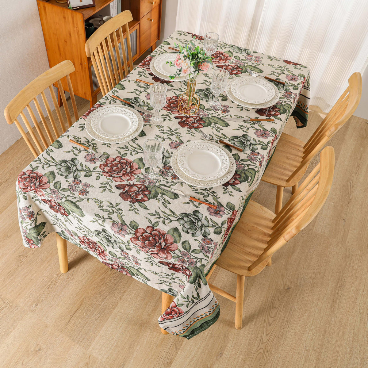 Dimatic Cotton and Linen Rectangular Tablecloth with Red Rose Pattern, Suitable for Kitchen Dining Table, Home Table Cloth and Holiday Decoration, 55 x 86 Inches