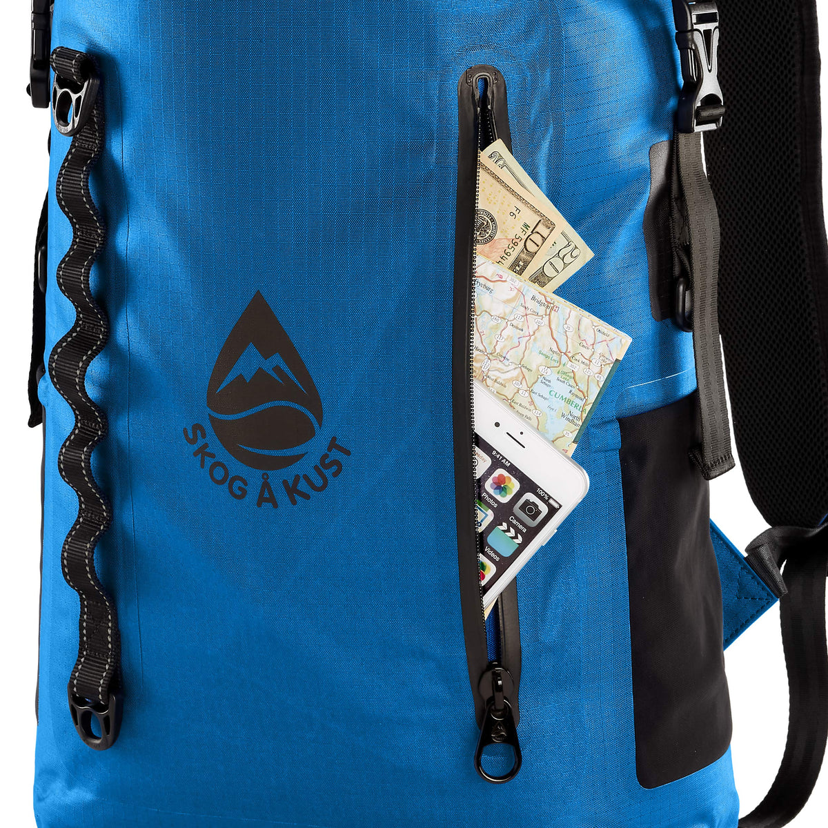Skog Å Kust BackSåk Pro Waterproof Floating Backpack with Exterior Airtight Zippered Pocket | Blue, 35L