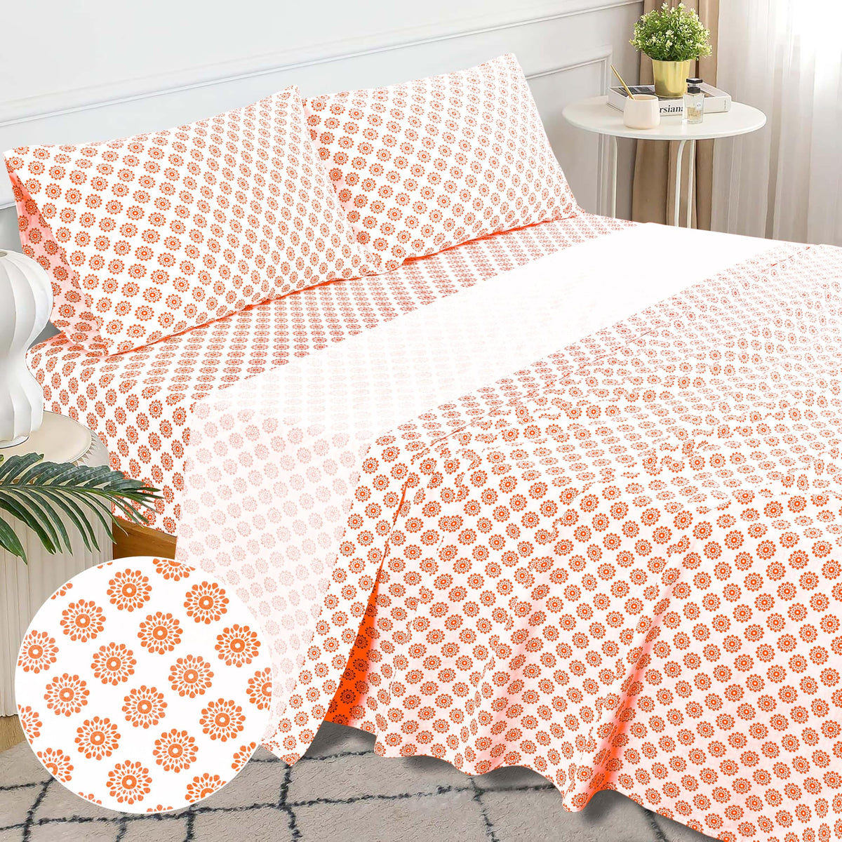 Sleepdown 100% Cotton King Size Bed Sheets - Soft 4 Pcs Percale Sheet Set, Comfy Durable & Breathable, 16" Deep Pocket (Mandalas Coral)