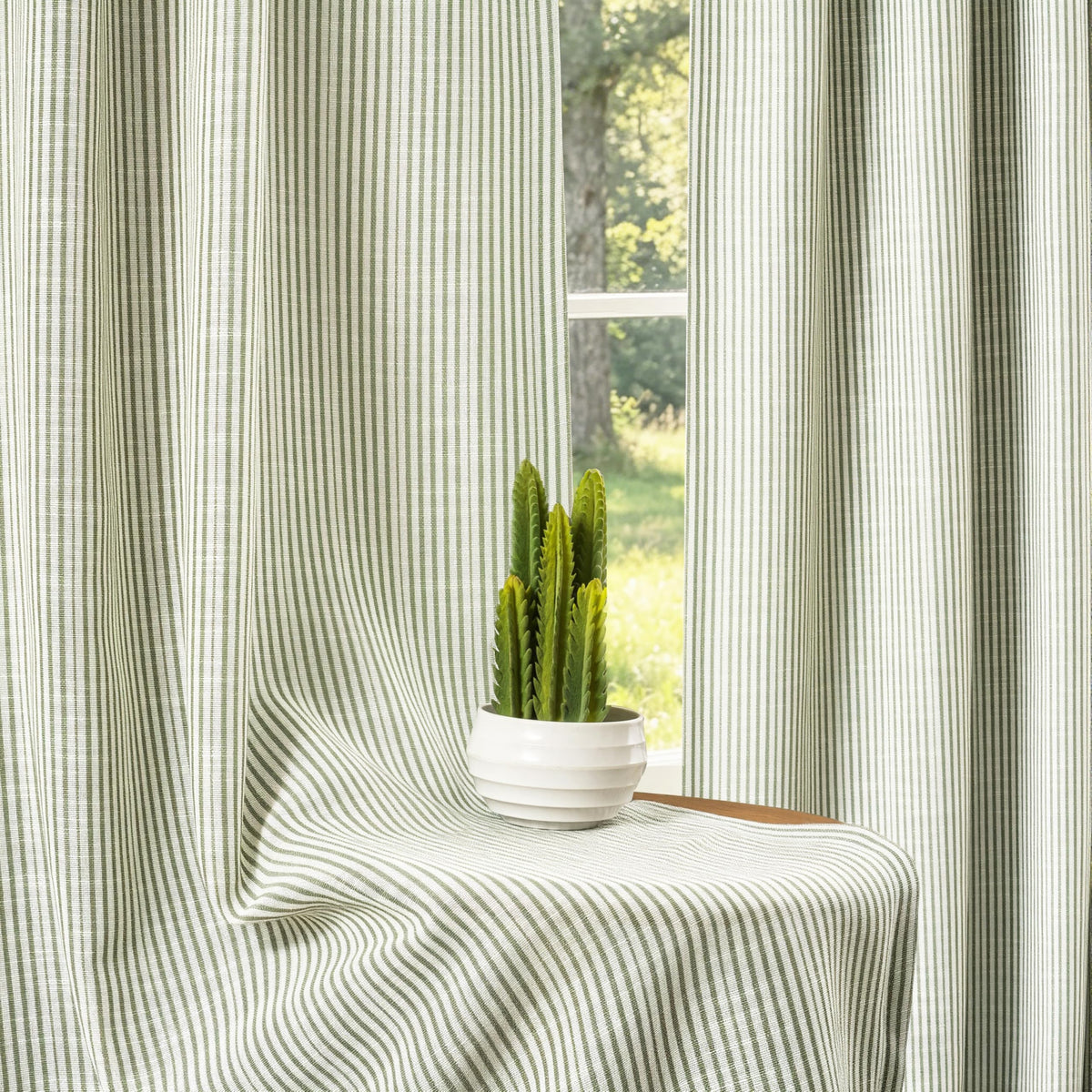 DriftAway 100% Blackout Linen Ticking Striped Curtains Double Layer Farmhouse Drapes 84 Inches Long for Living Room Bedroom Yarn Dyed Woven Thermal Insulated Rod Pocket Back Tab 2 Panels Loden Green