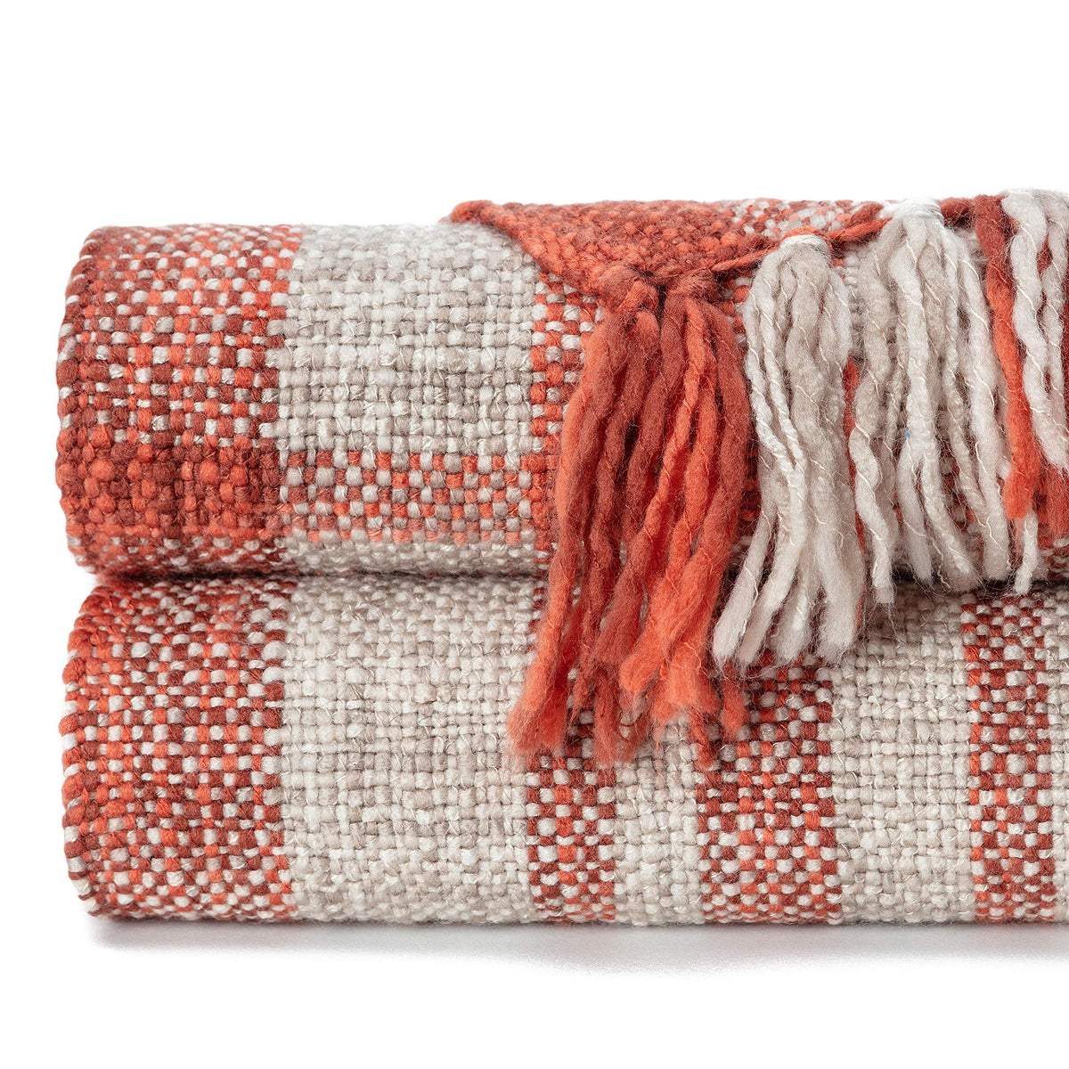 Chanasya Premium Farmhouse Pattern Plaid Throw Blanket Lightweight Knit Textured Woven Decorative Blanket for Couch Bed Living Room Blankets with Tassels Throw Blanket (50x65 Inches) Rust
