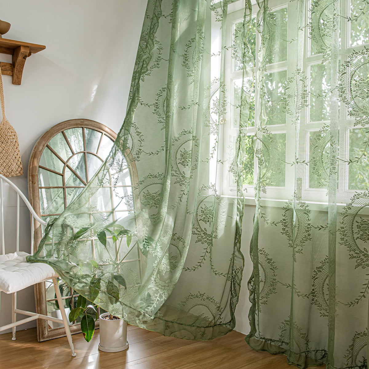 Lavyhuno Lace Curtains 84 Inches Long for Bedroom Living Room 2 Panels, Farmhouse Florals Embroidery Sheer Privacy Drapes for Christmas Decor Window Treatments Rod Pocket, W57 X L84 Olive Green