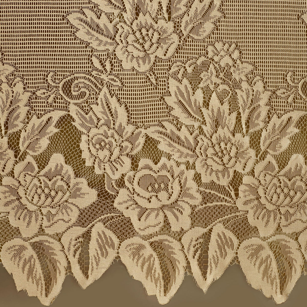 Hallie Lace Window Treatment | Vintage Antique Gold | Cottage Garden Magnolia Flower Lacy Designs with Scalloped Edges | Rod Pocket Drapery | Easy-Style 63L All-In-One Panel with Attached 24L Valance