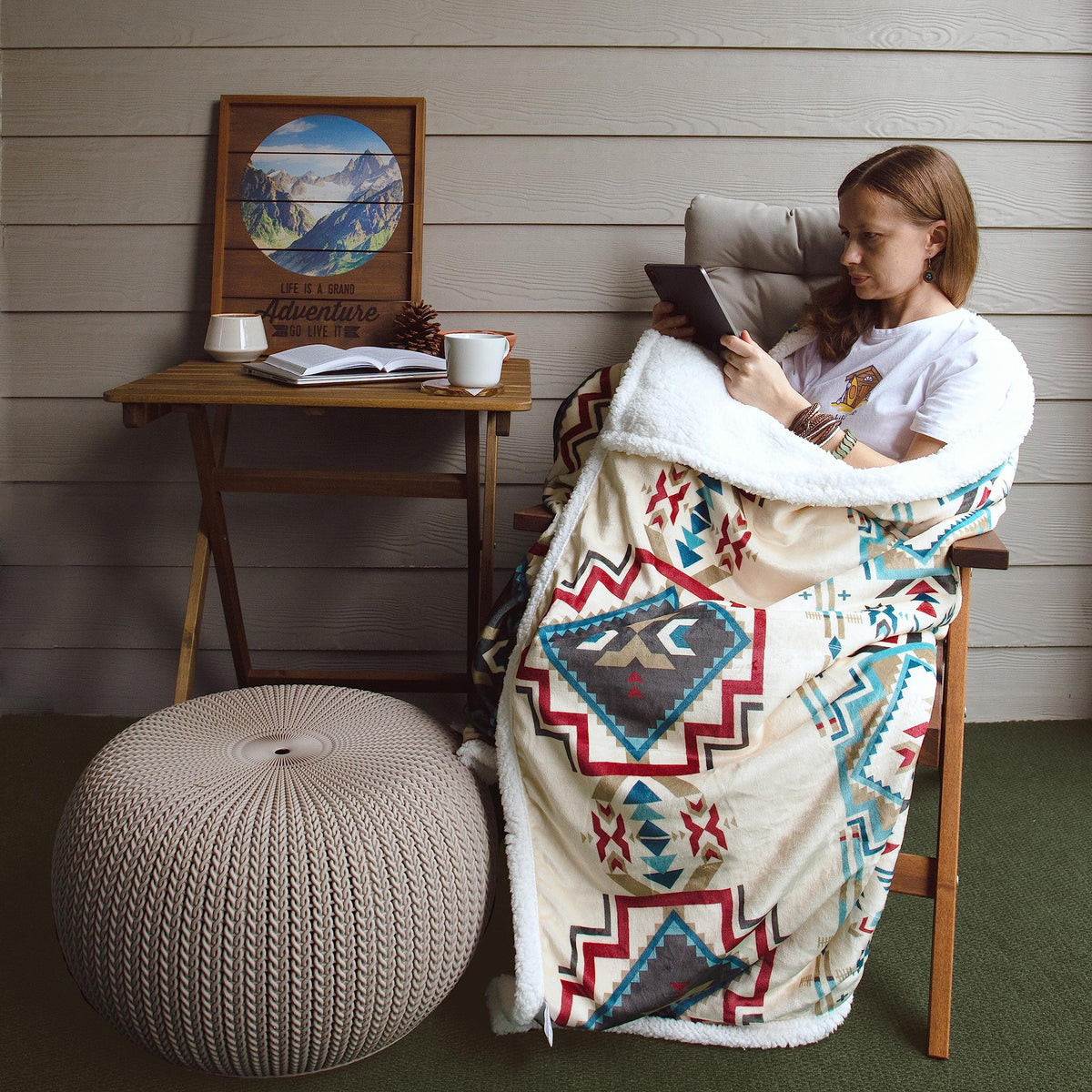 Paseo Road Indigo Hill by HiEnd Accents Spirit Valley Aztec 3 Piece Sherpa Throw Blanket Set, Tribal Navajo Print Fleece Throw Set, Western Southwestern Style, 1 Throw and 2 Throw Pillows