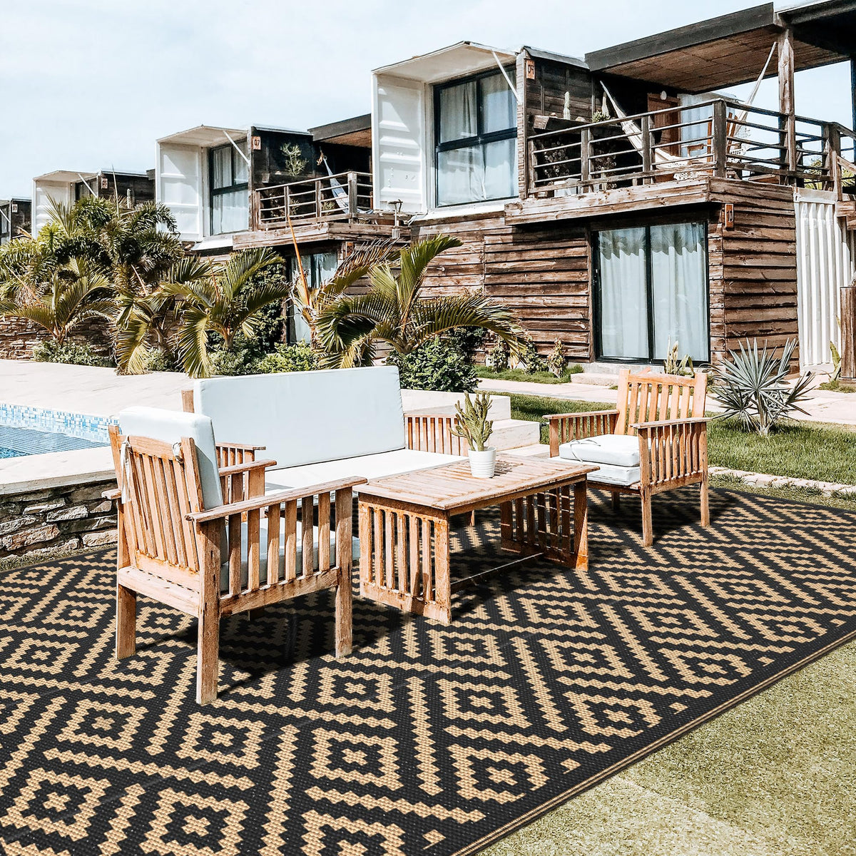 GENIMO Outdoor Rug for Patio Clearance, 8'x16' Waterproof Camping Mat, Reversible Plastic Straw Rugs for RV, Camper, Balcony, Backyard, Picnic, Deck, Black & Brown