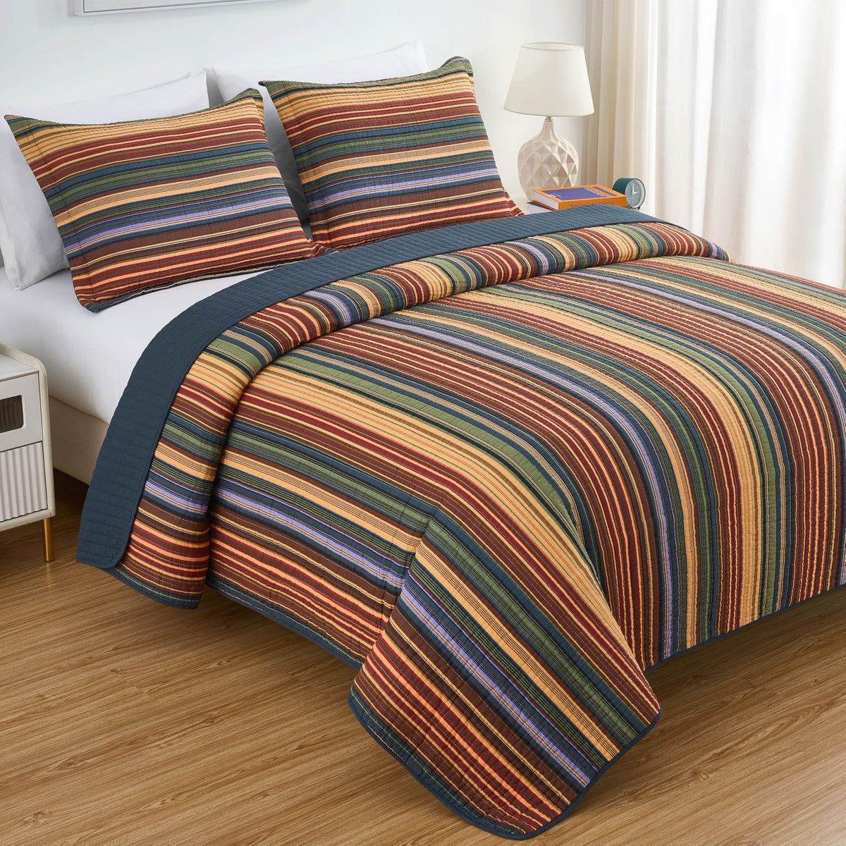 Chezmoi Collection Avery 2-piece Multi-Color Striped 100% Washed Cotton Quilt Set Twin Size