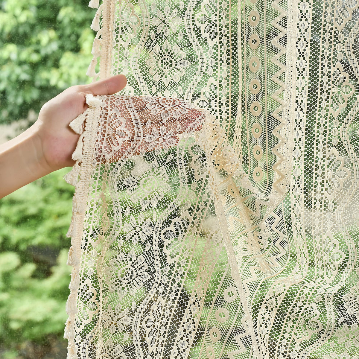 MYSKY HOME Beige Boho Lace Sheer Curtains with Tassels 84 Inch Length 2 Panels Vintage Floral Bohemian Pattern French Rustic Crochet Geometry Striped Rod Pocket Drapes for Living Room Bedroom, 55" W