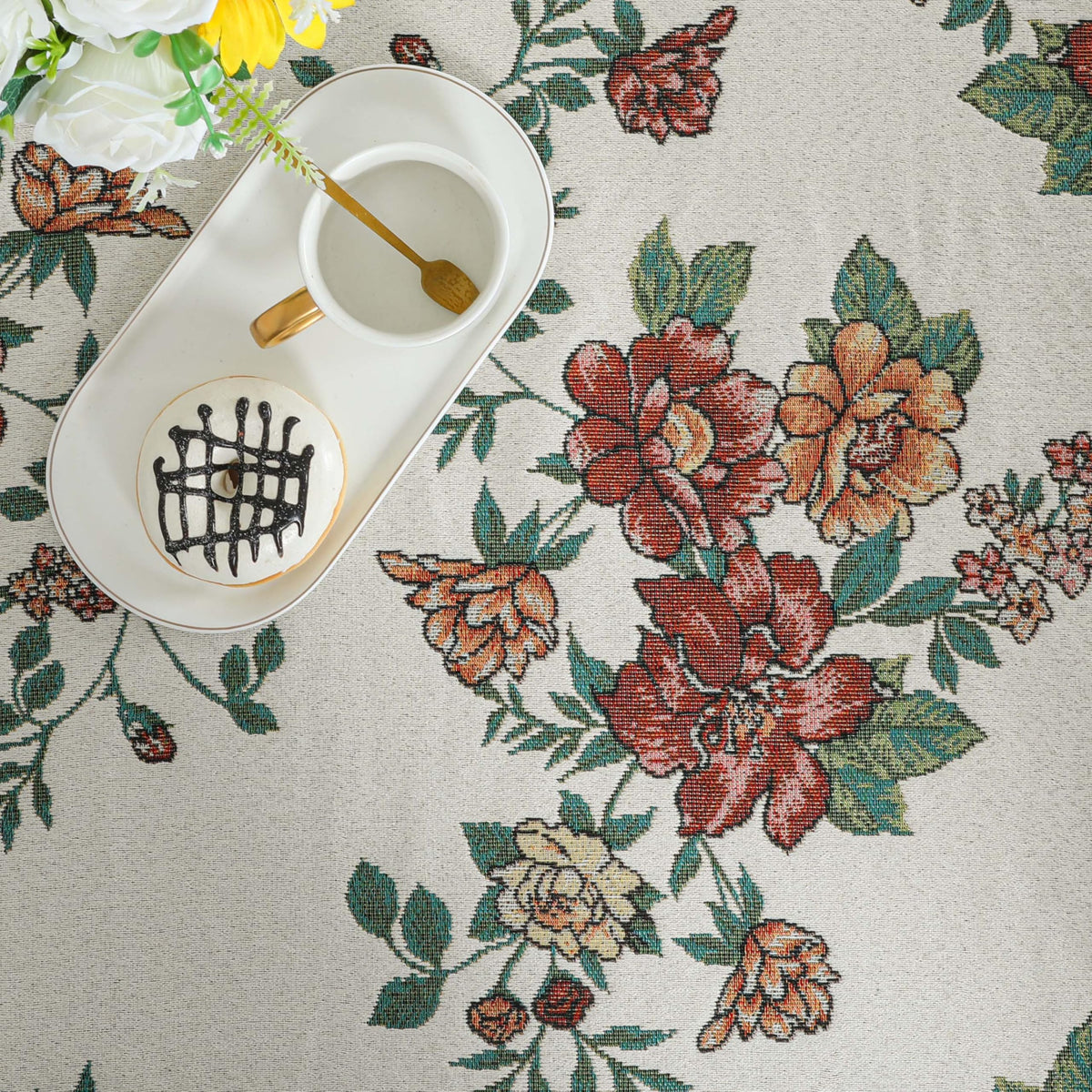 Dimatic Cotton and Linen Rectangular Tablecloth with Botanical Elements for Desks, Dining Tables, Home Table Cloths, Party and Holiday Decorations, Red 55 x 94 Inches
