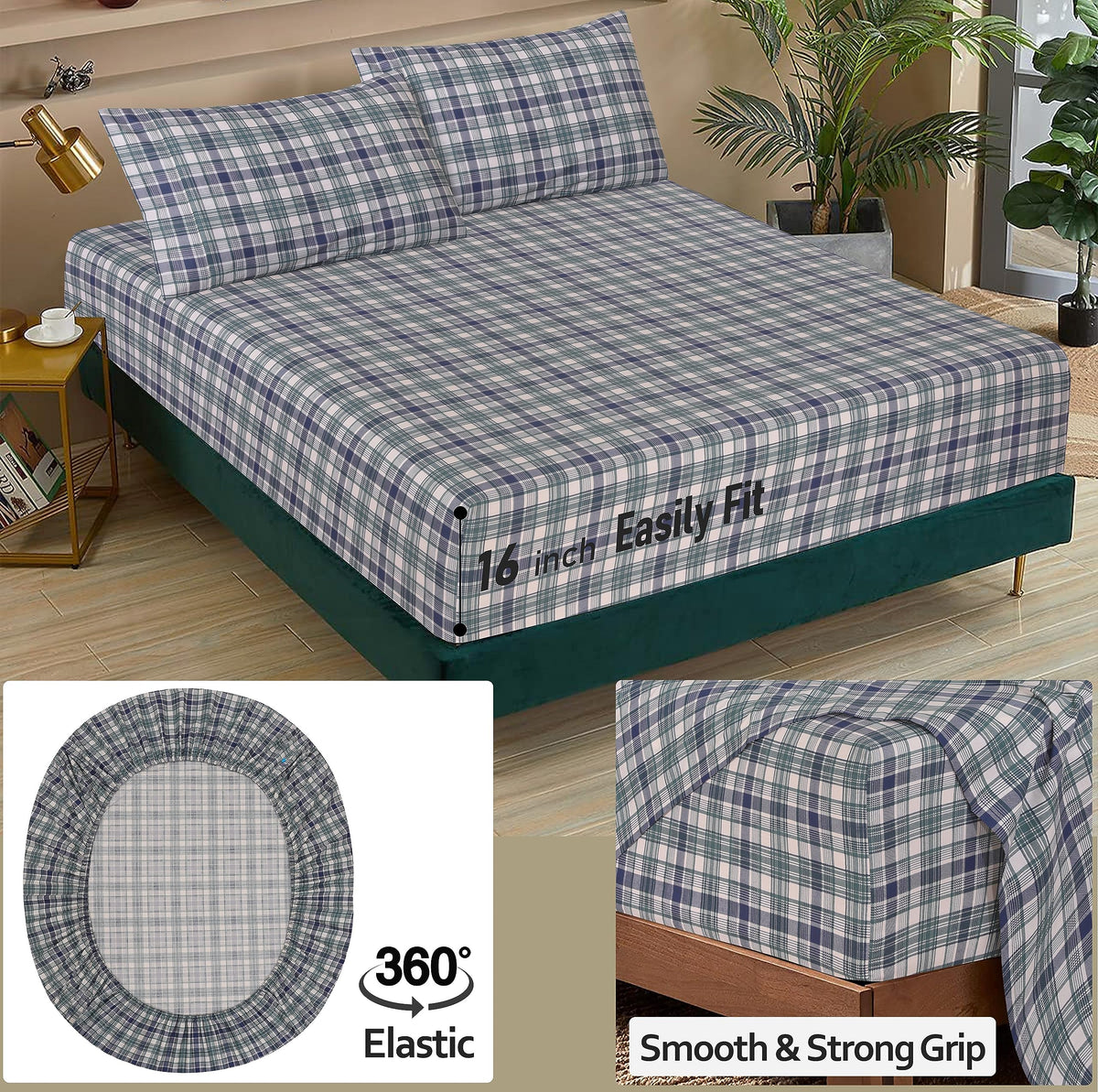 RUVANTI 100% Cotton Percale Sheets Queen Size, Greenish Blue Plaid