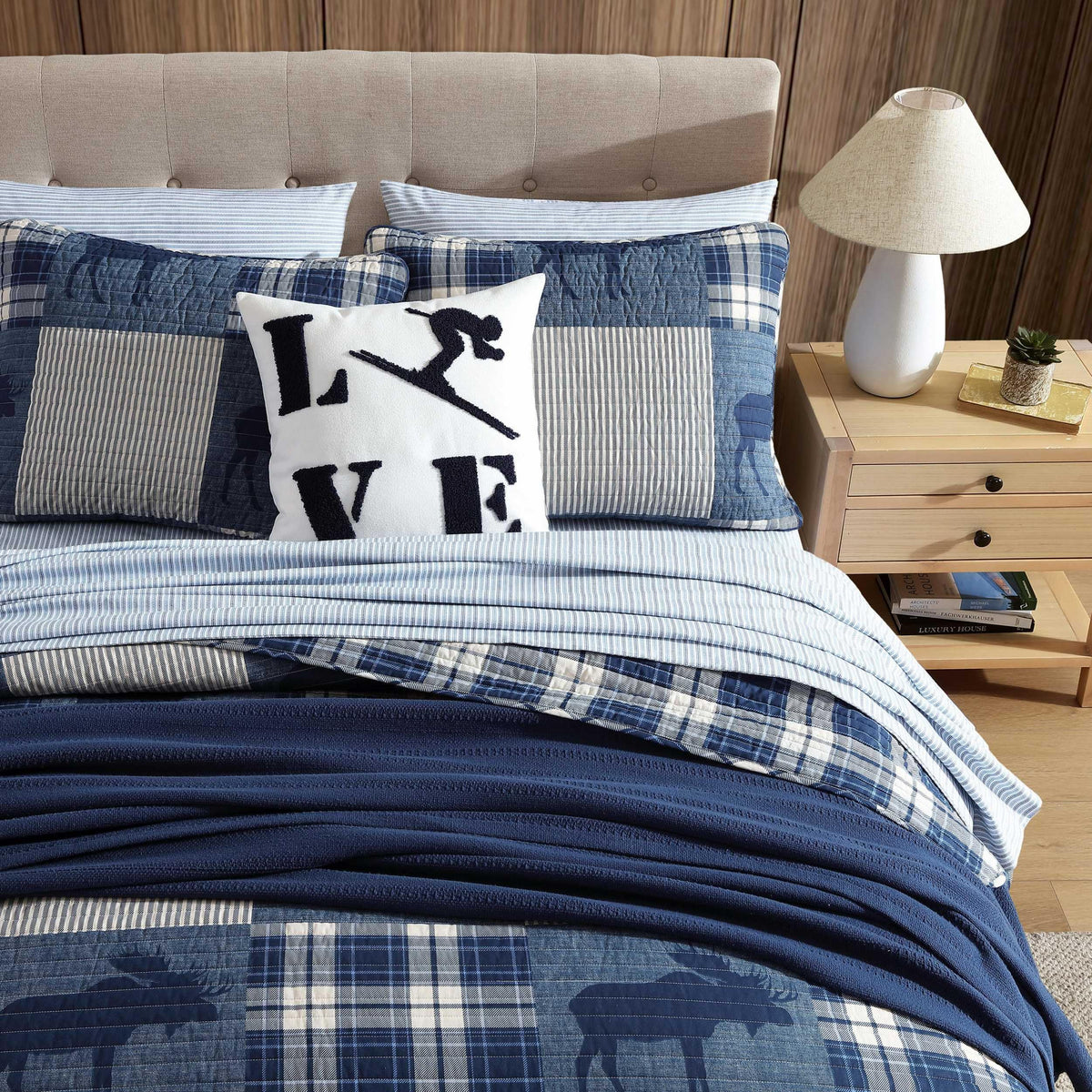 Eddie Bauer - King Quilt Set, Naturally Soft Cotton Bedding w/a Lightweight Feel for All-Year Comfort, Reversible w/Matching Pillowcases, 3 Piece Bed Set (Moose Plaid/Pinstripe/Patchwork Blue)